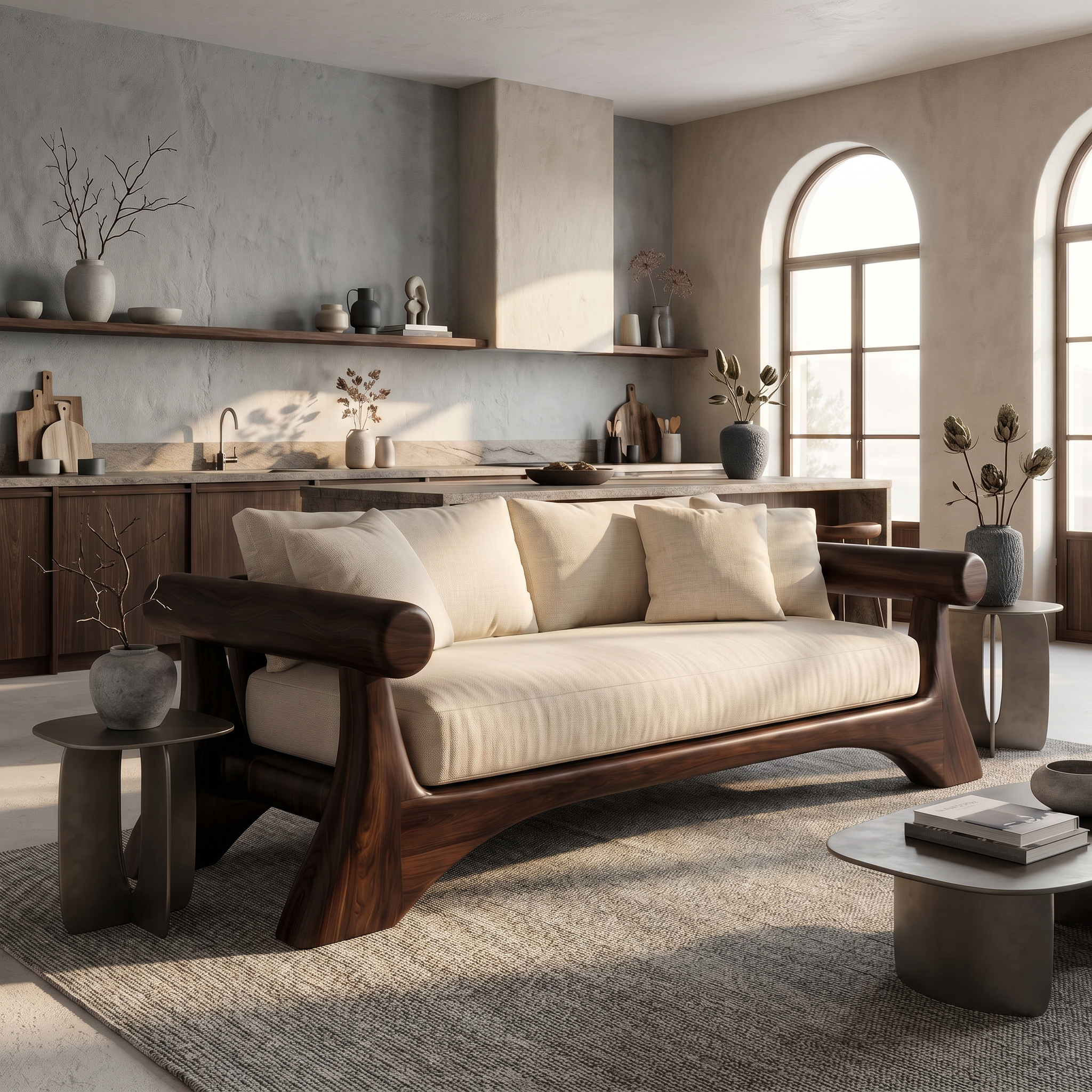Minimalist Sofa Frame With Curved Solid Wood Arms For Living Room SINLSASF047