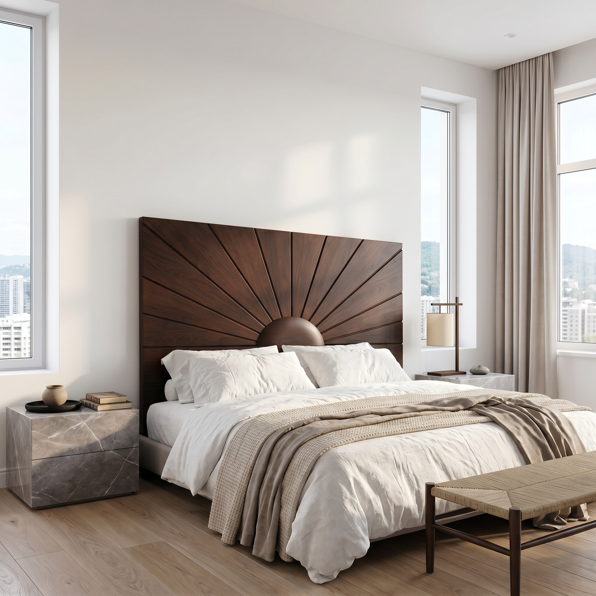 Organic Sunburst Headboard Solid Wood Bed Headboard For Bedroom SINLSAHB036