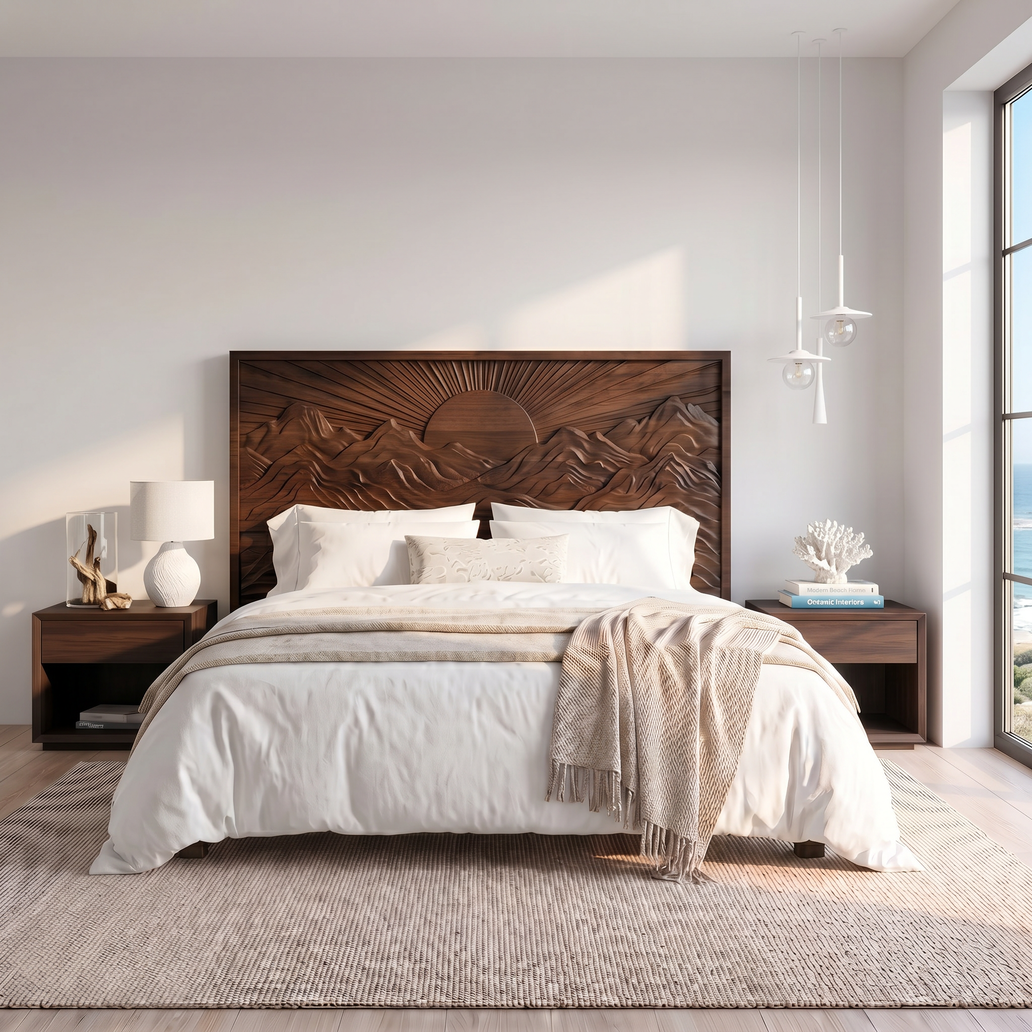 Mid Century Sunrise Headboard Wooden Bed Headboard For Bedroom SINLSAHB054