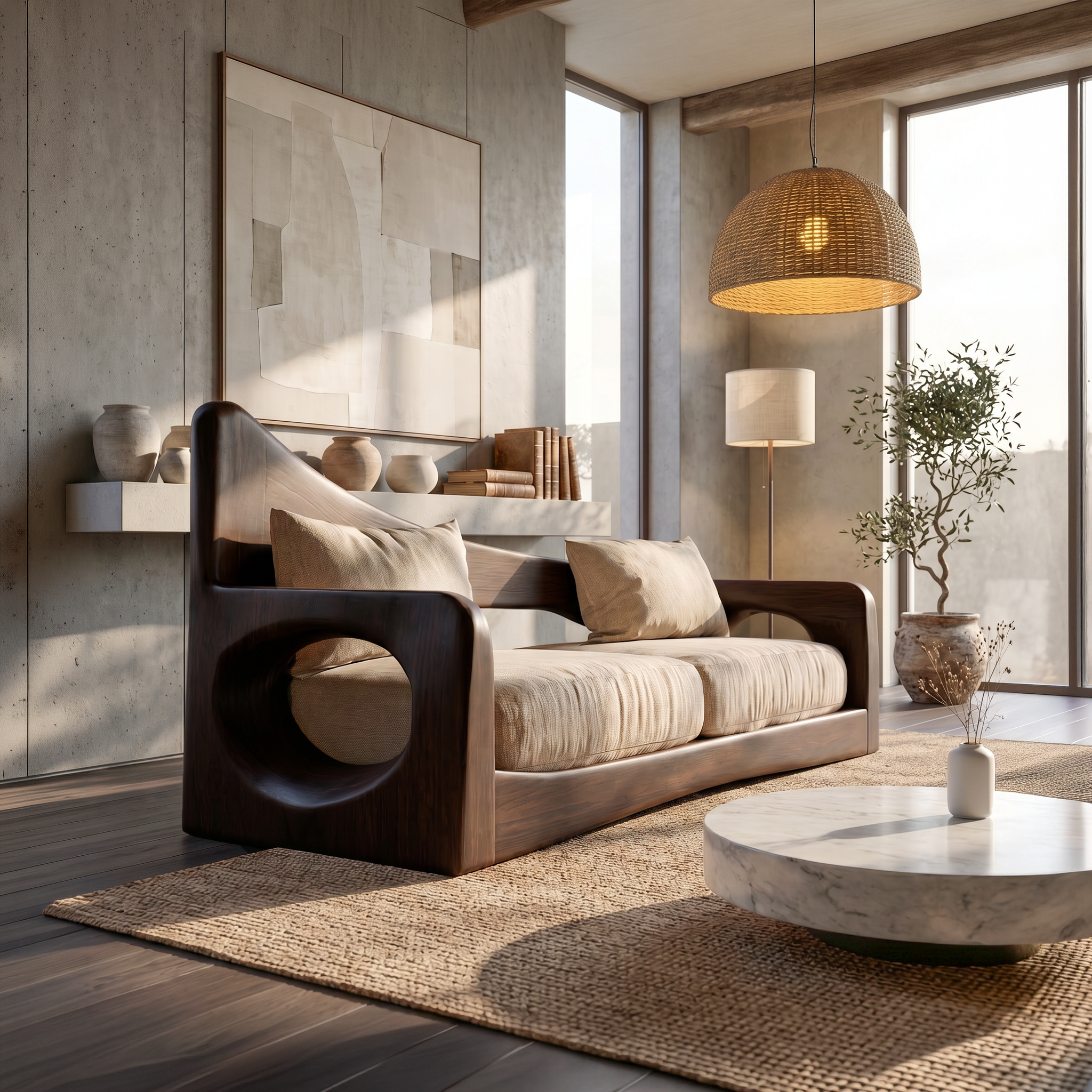 Modern Organic Sofa With Sculptural Perforated Wood Frame SINLSASF042