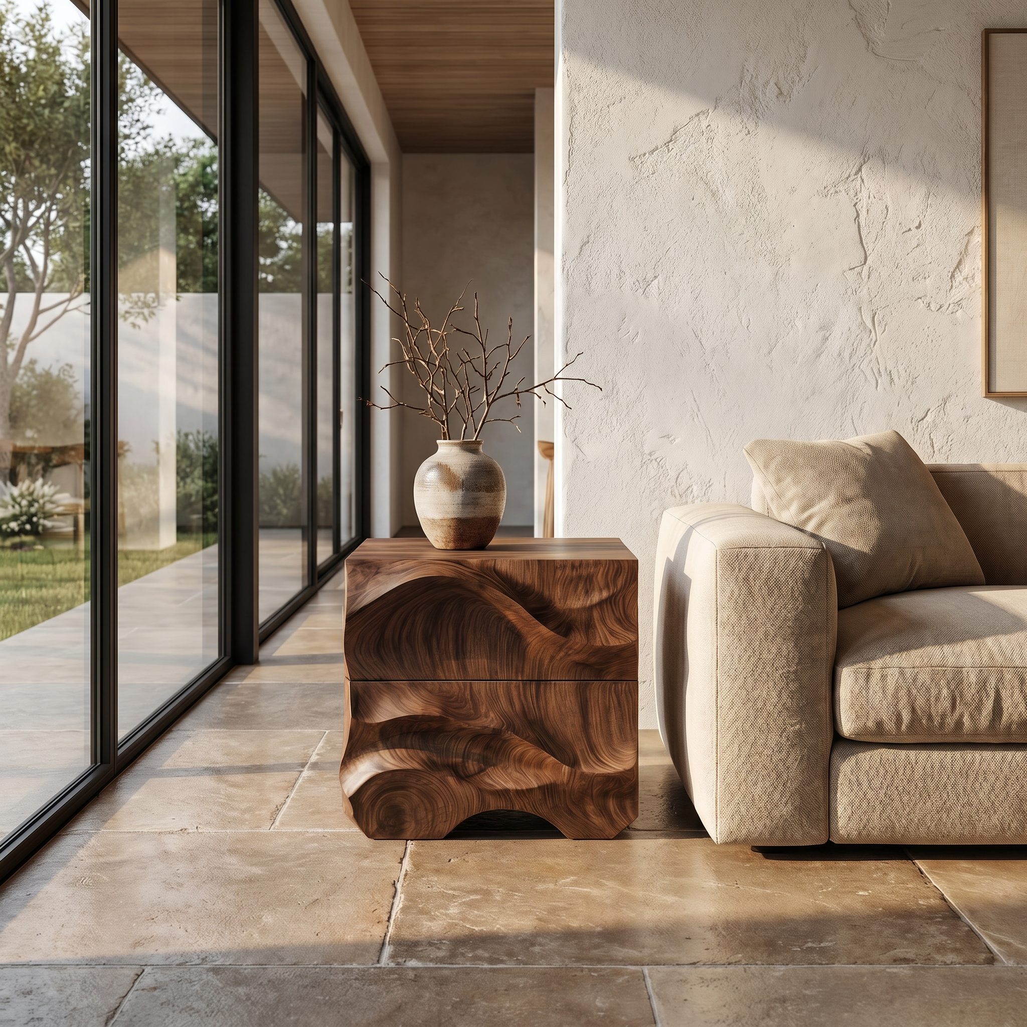 Rustic Sculptural Side Table With Hand Carved Solid Wood Base For Living Room And Bedroom SINLHABT253