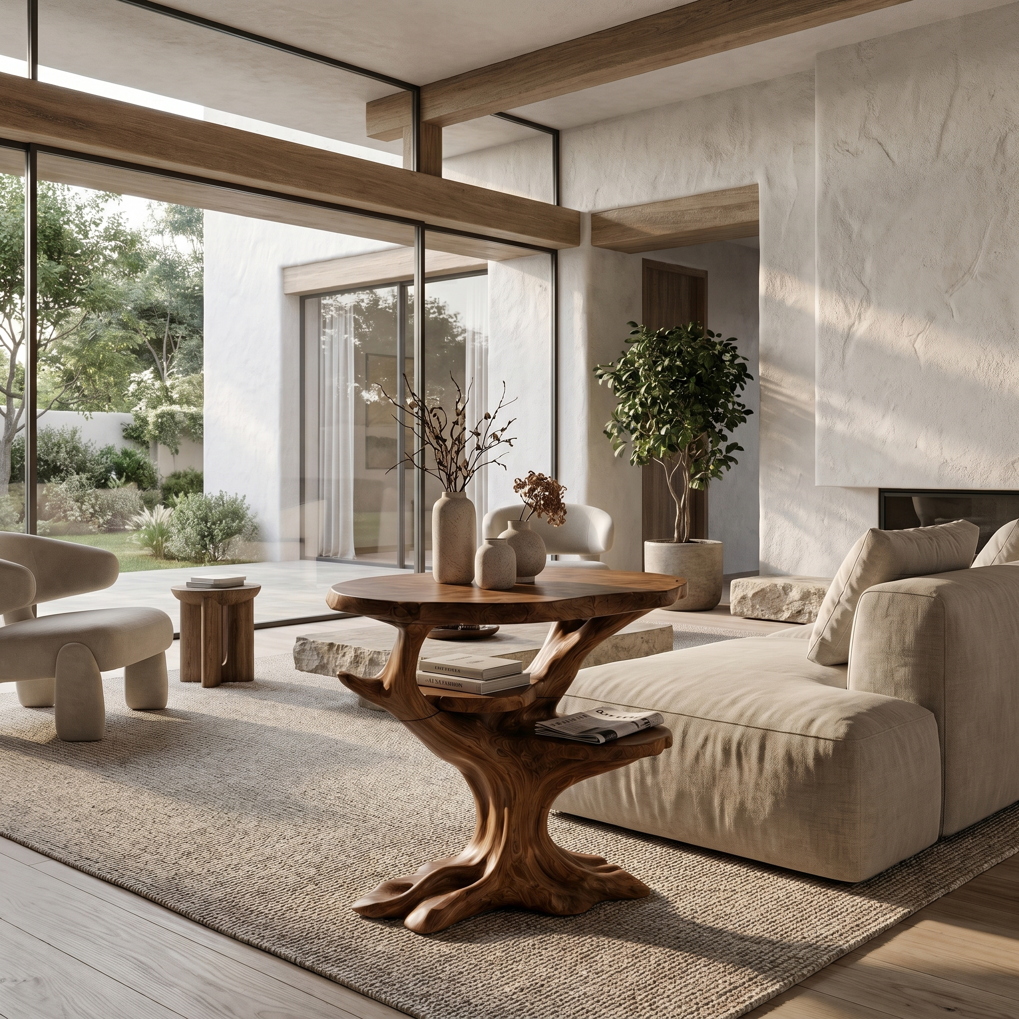 Organic Sculptural Side Table With Solid Wood Display Shelves For Living Room And Bedroom SINLHABT257