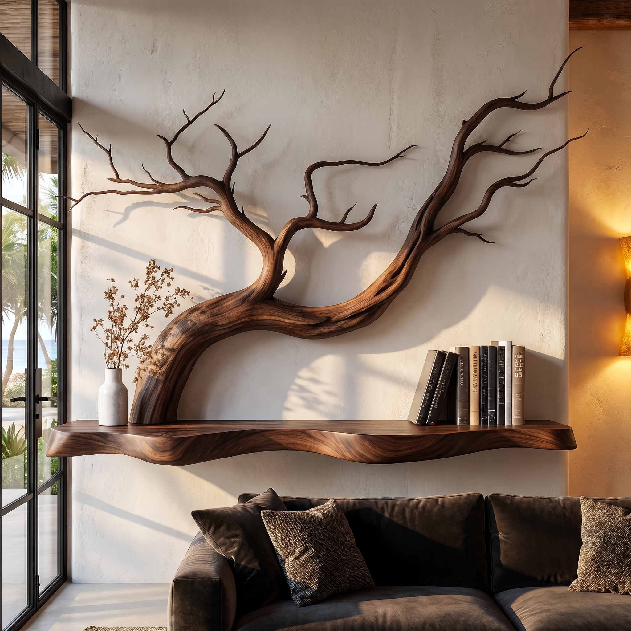 Handcrafted Floating Shelf With Sculptural Tree Branch Form For Living Room SINLHAFL562