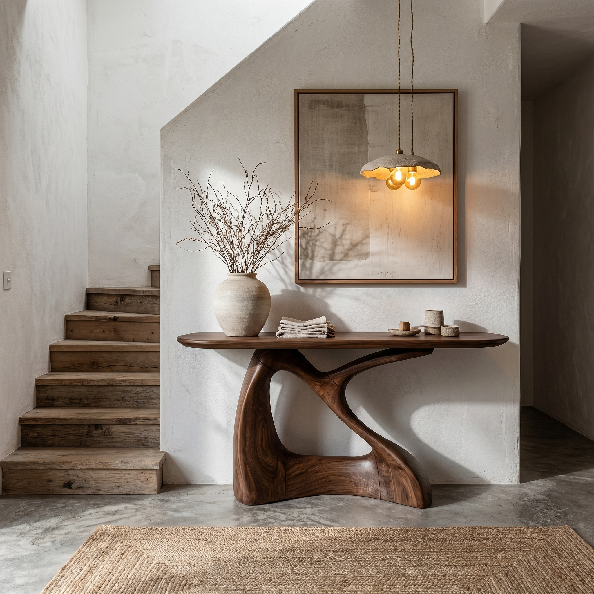 Sculptural Console Table With Twisted Wooden Base For Entryway SINLHACS581