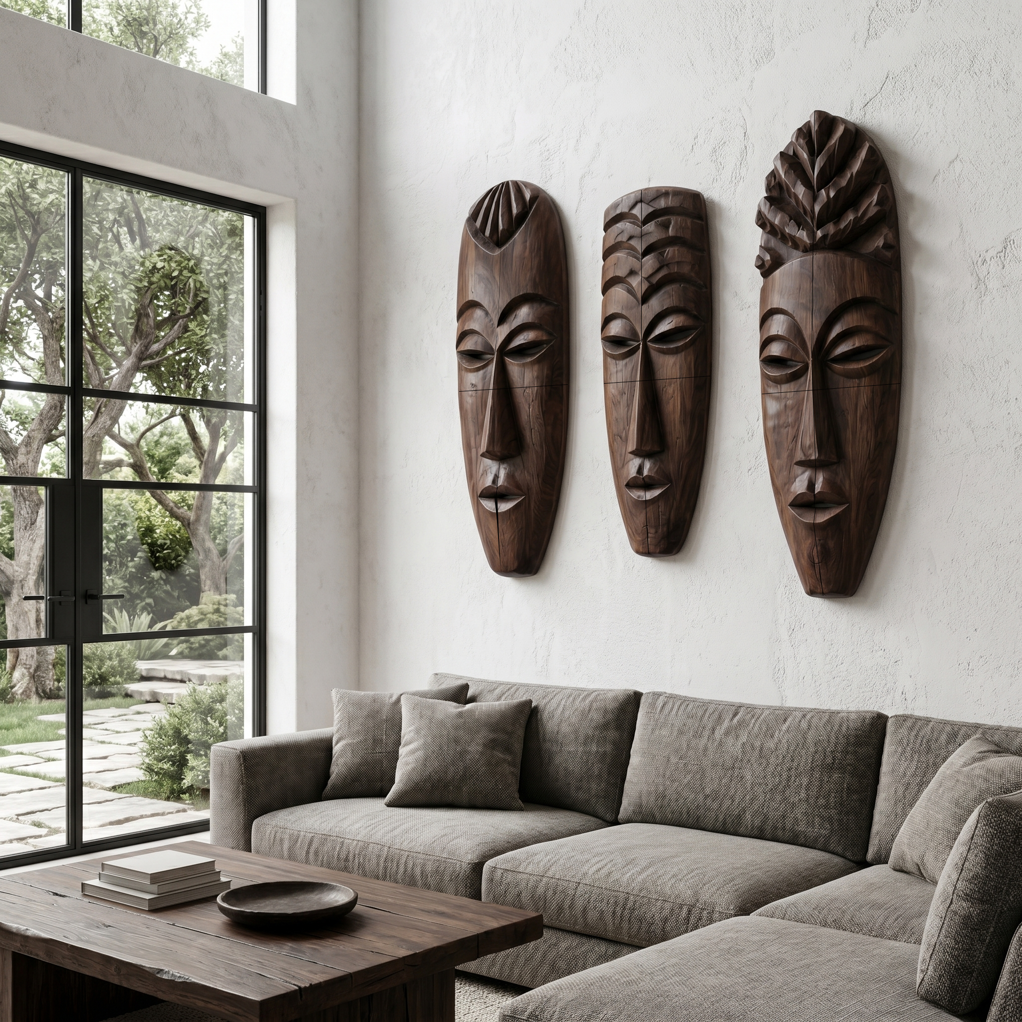 Tribal Wooden Wall Art Set With Hand Carved African Mask Design For Living Room And Entryway SINLHAWD100