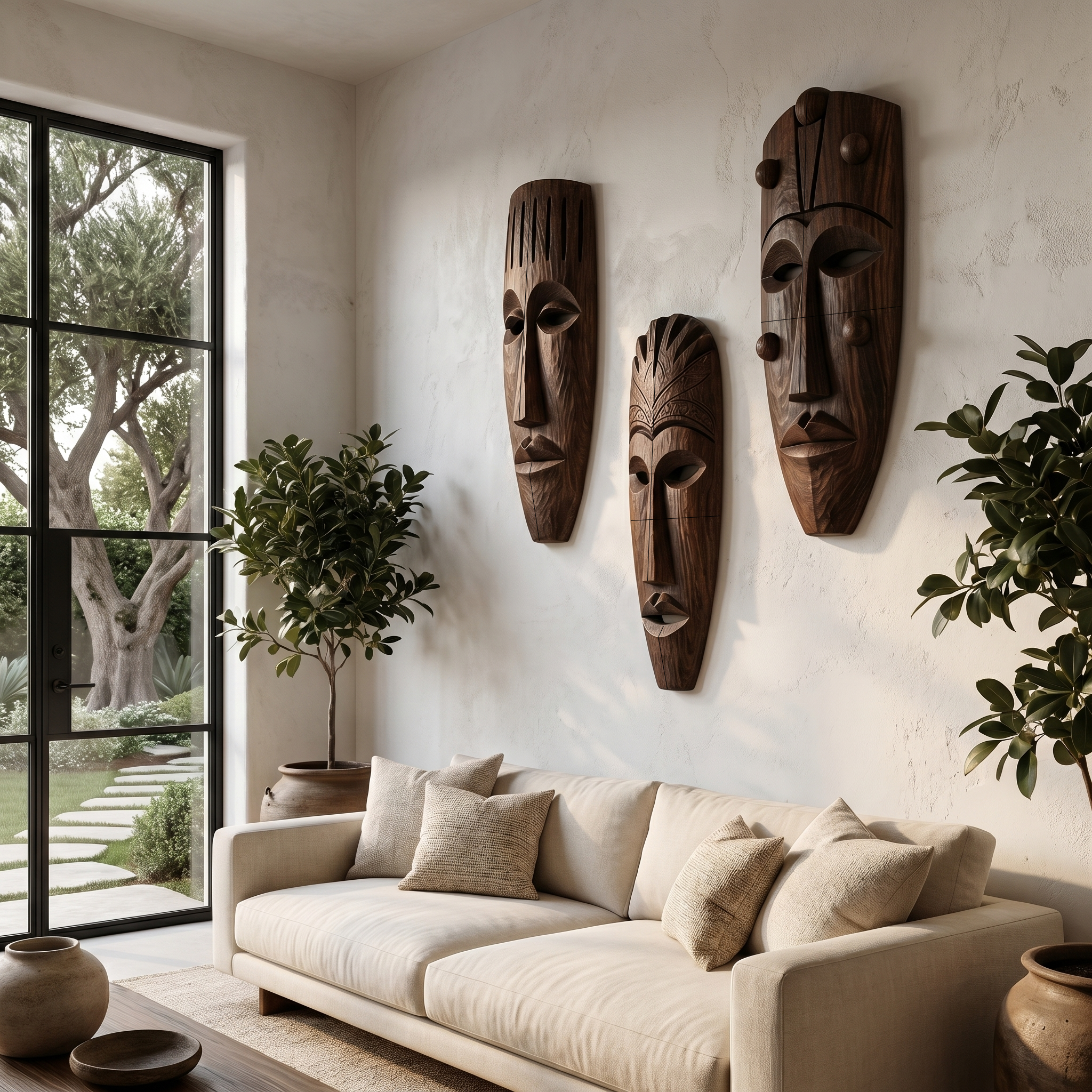 Hand Carved Wooden Wall Art Set With Tribal Mask Design For Living Room And Entryway SINLHAWD101