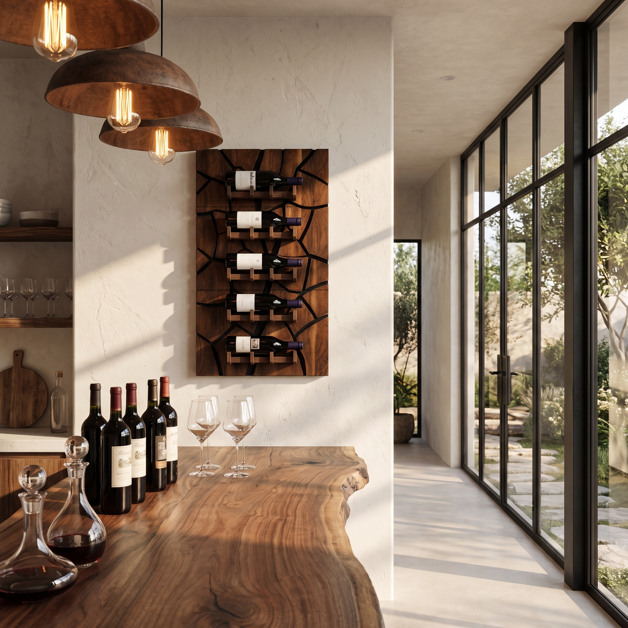 Rustic Wall Mounted Wine Holder With Geometric Bottle Display For Dining Room SINLHAWH046