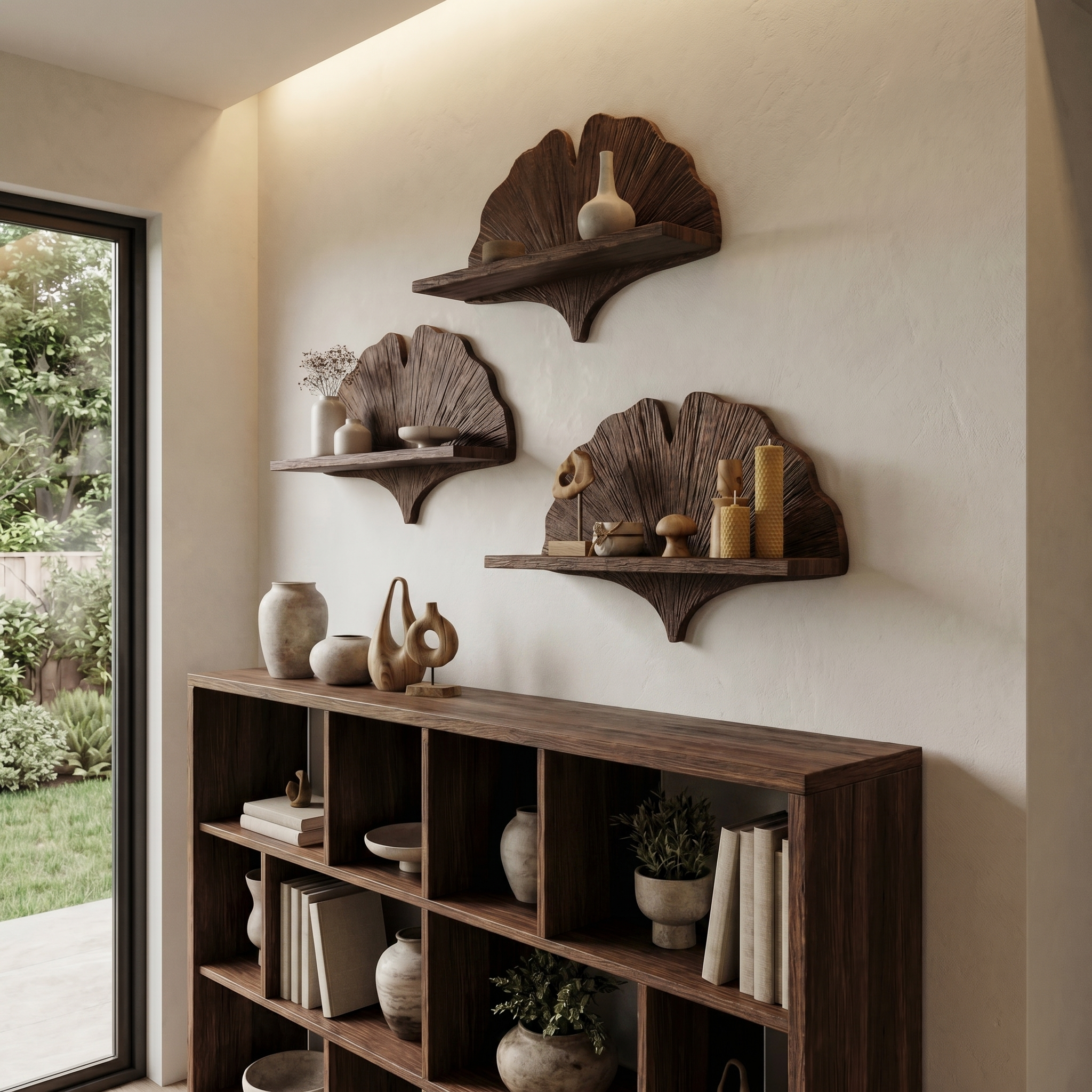 Fan Shape Wall Shelf Wooden Floating Shelf Wall Mounted Shelf For Living Room And Bedroom Decor SINLHAFL531