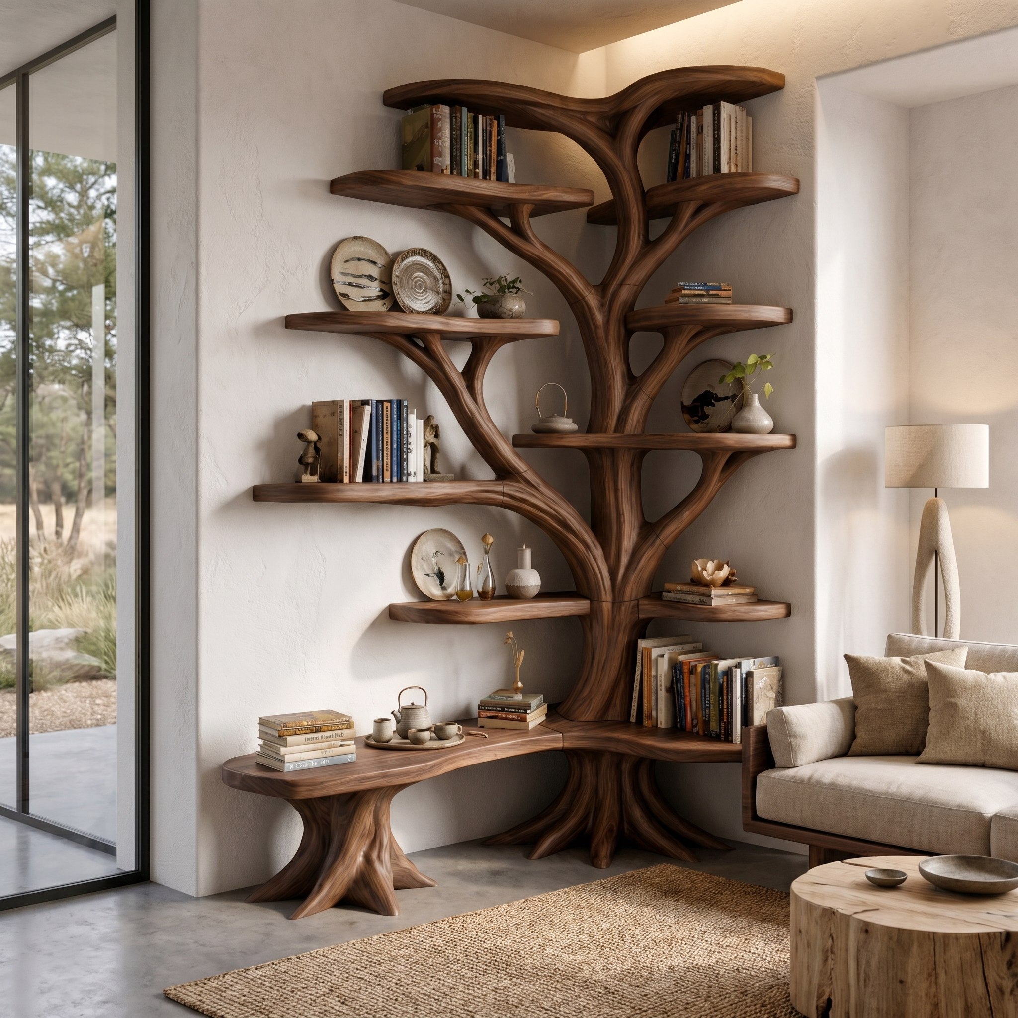 Organic Tree Bookshelf With Sculptural Branch Design And Multi Tier Display Shelves For Living Room SINLHATB751