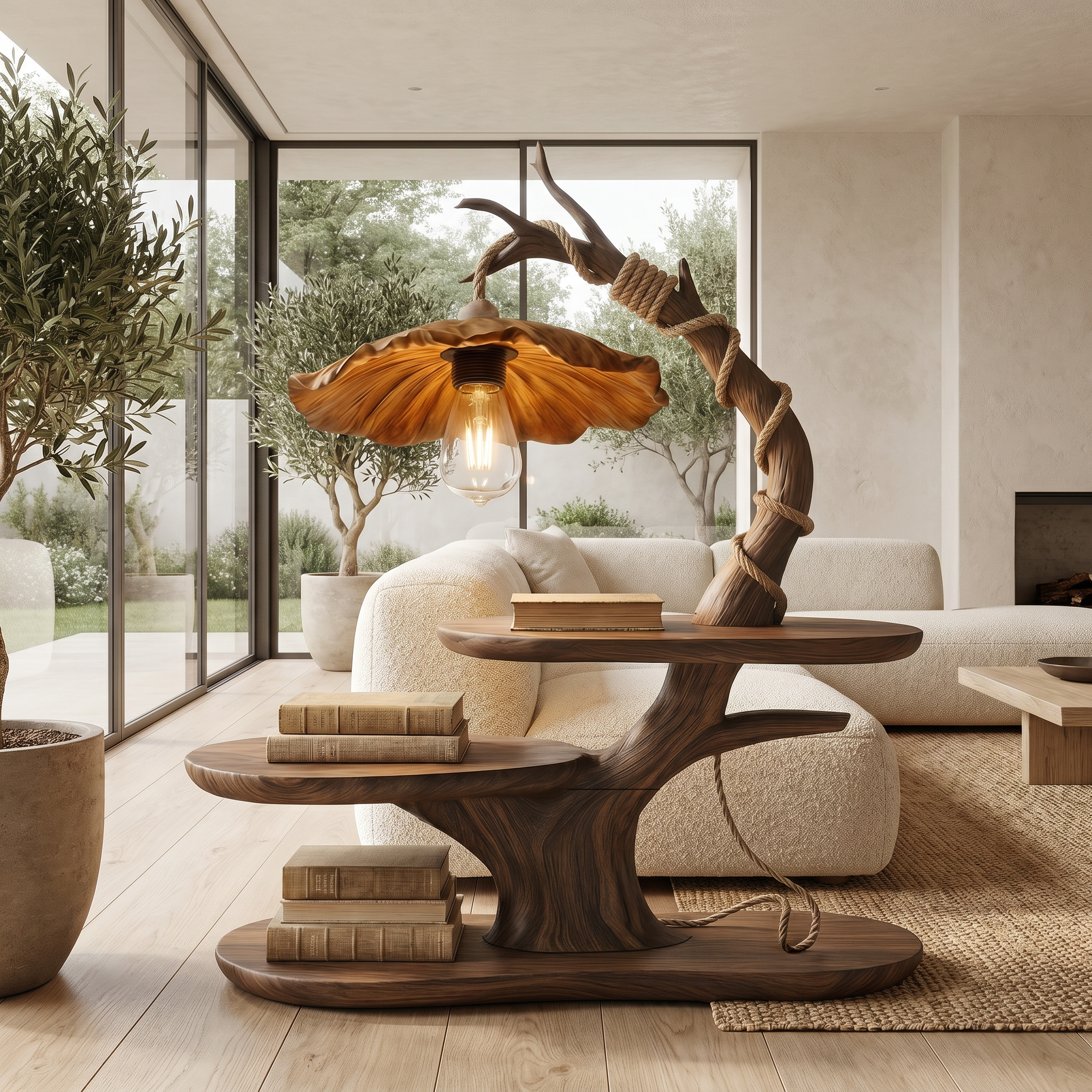 Sculptural Beside Table With Tree Branch Lamp And Open Storage Shelves For Bedroom SINLHABT265