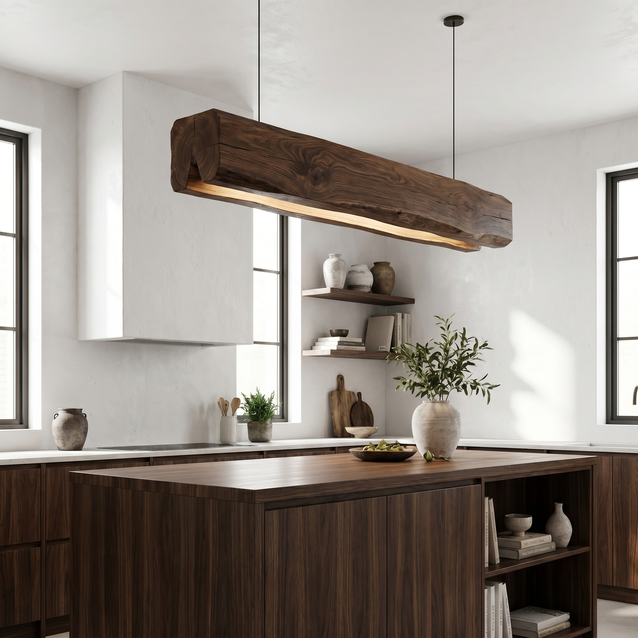 Organic Modern Pendant Light With Sculptural Wood Beam For Living Room And Kitchen SINLHAPL013