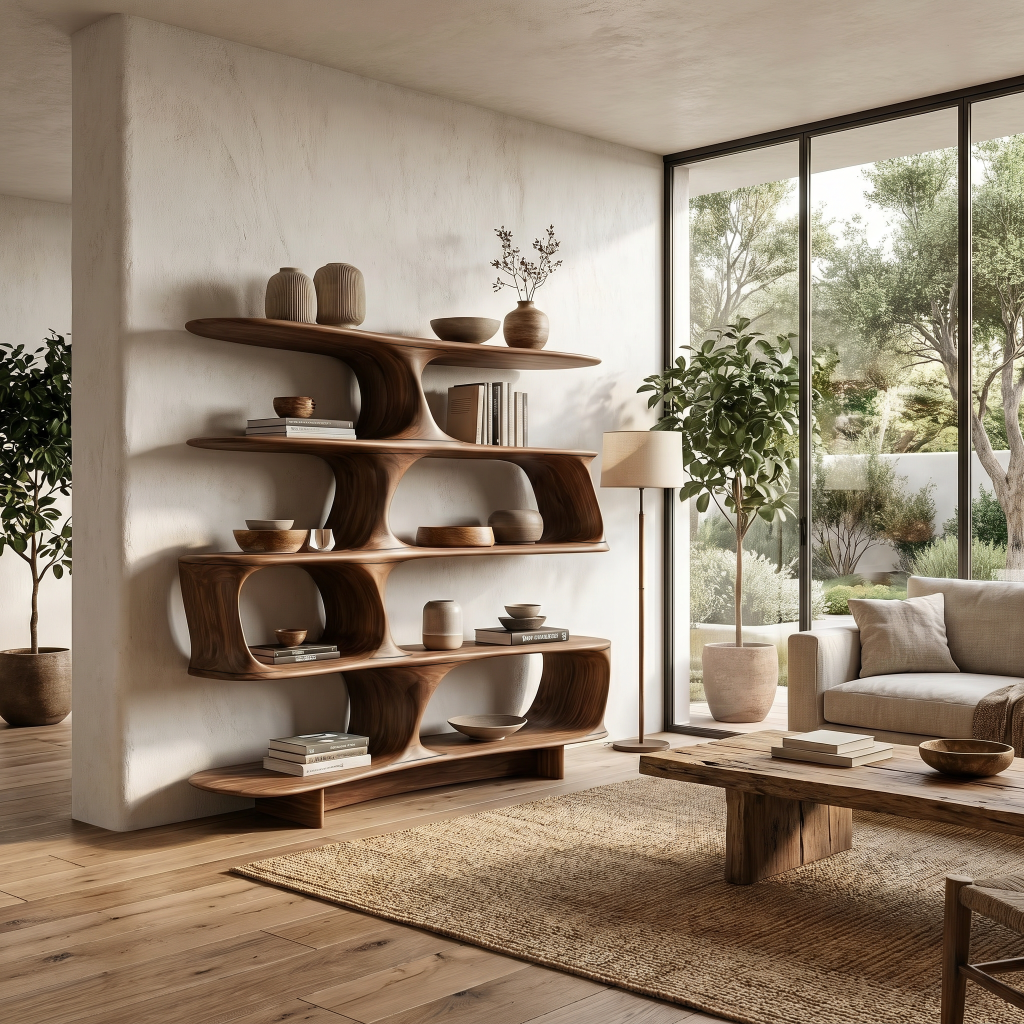 Organic Tree Bookshelf With Sculptural Curved Shelves And Open Display Storage For Living Room SINLHABS039