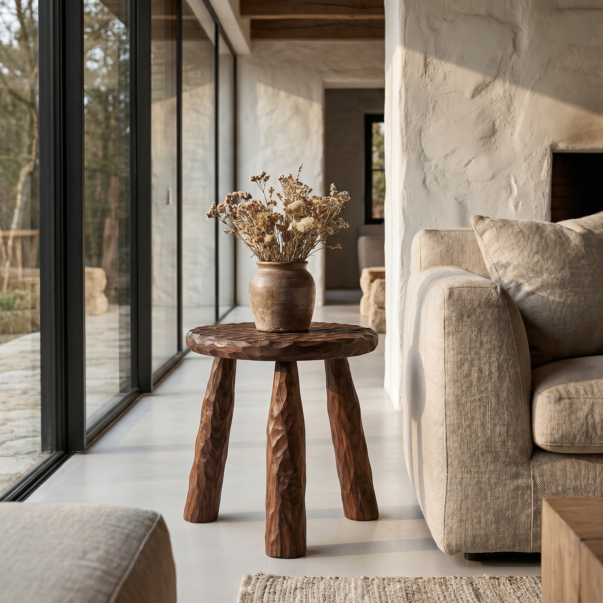 Rustic Side Table With Handcrafted Solid Wood Top And Chunky Pedestal Legs For Living Room And Bedroom SINLHABT263