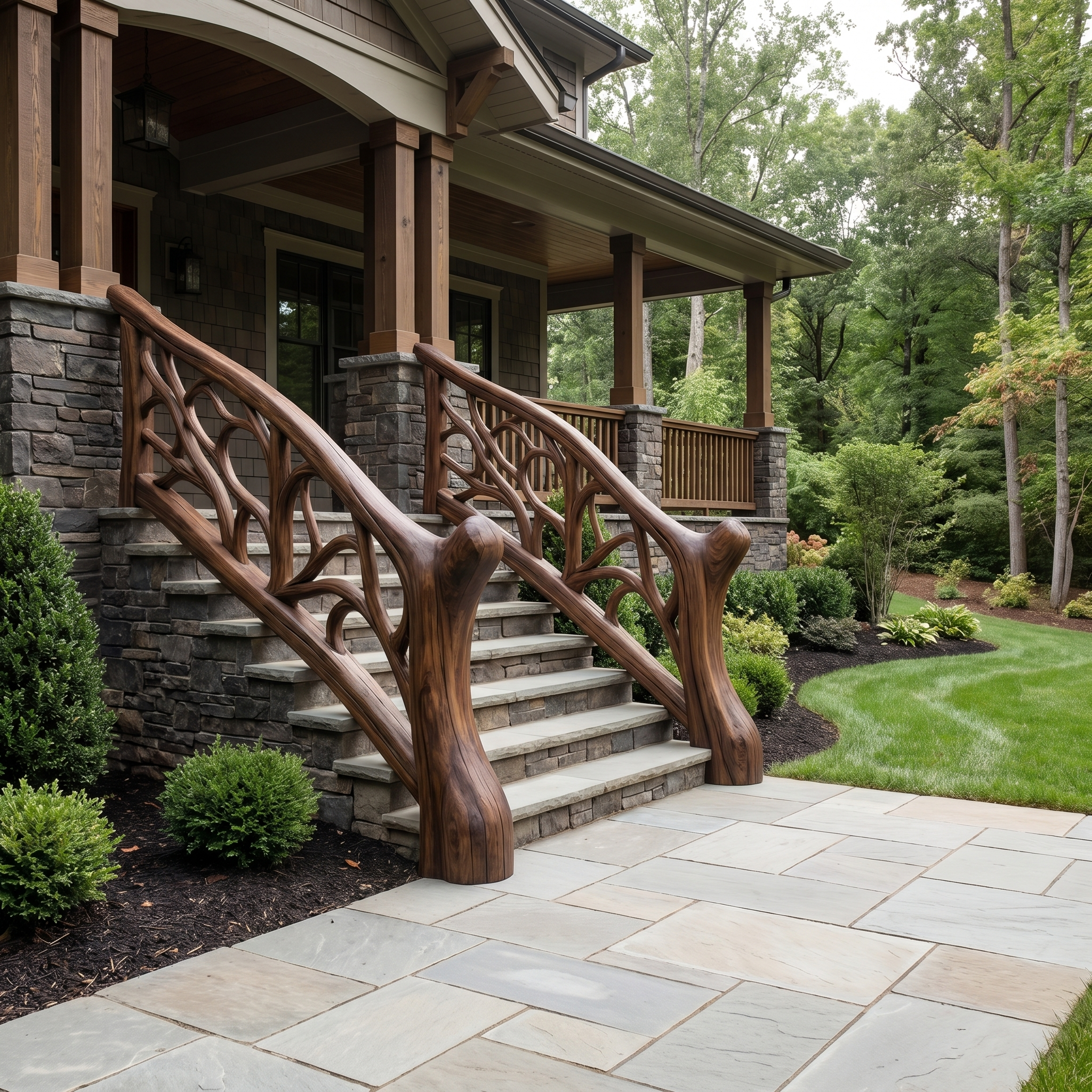 Organic Sculptural Stair Railing With Flowing Wood Design For Modern Interior SINLHAST012