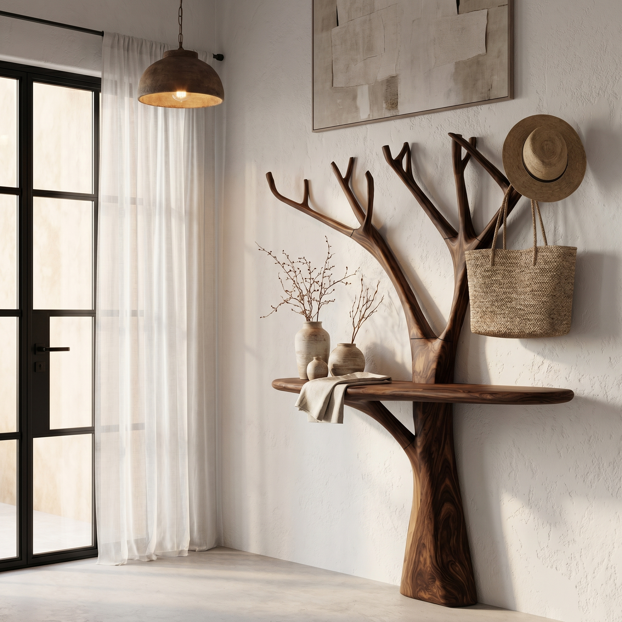 Rustic Organic Console Table With Tree Branch Wood Base For Living Room SINLHACS602