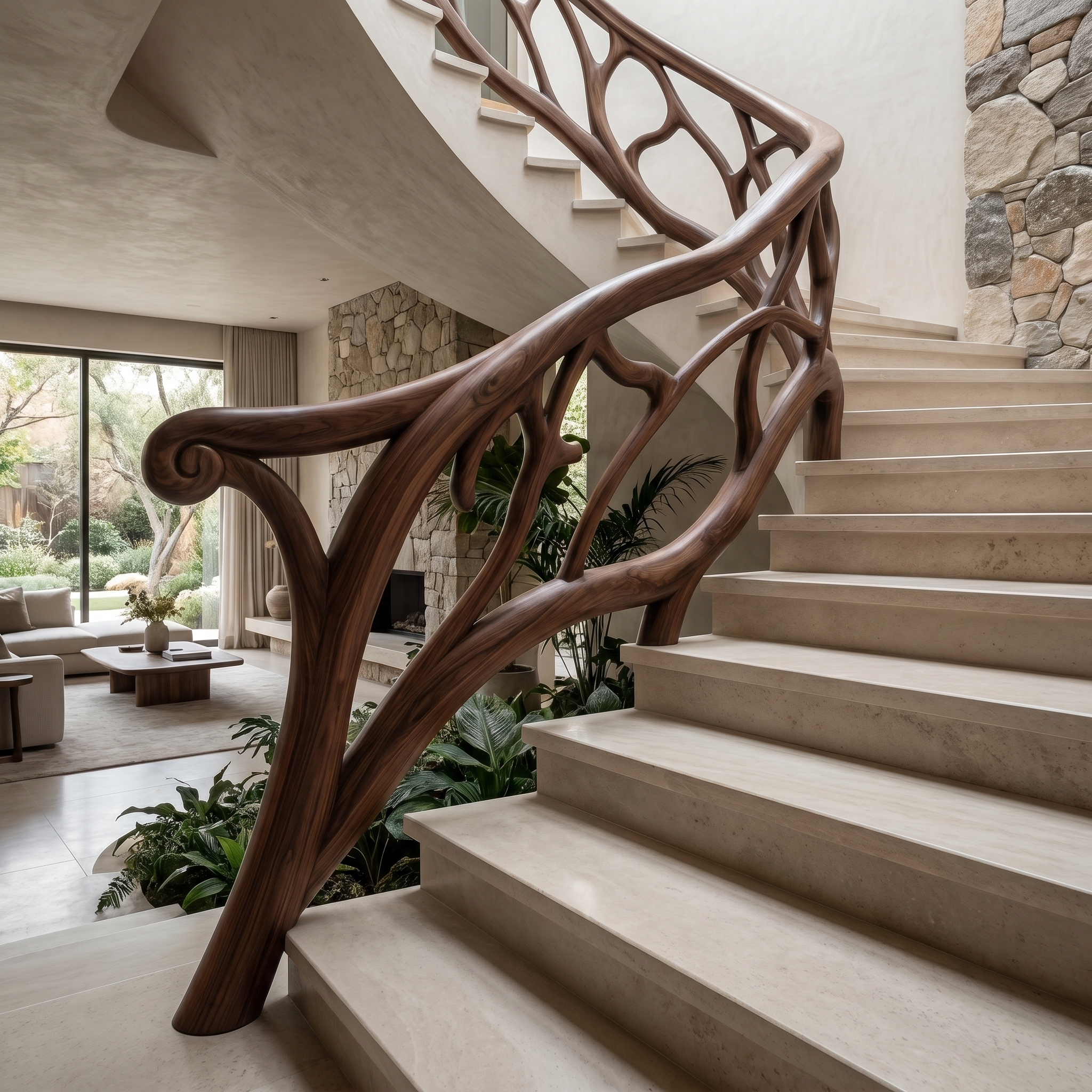 Artistic Tree Branch Stair Railing With Sculptural Wood Design For Interior Staircase SINLHAST014