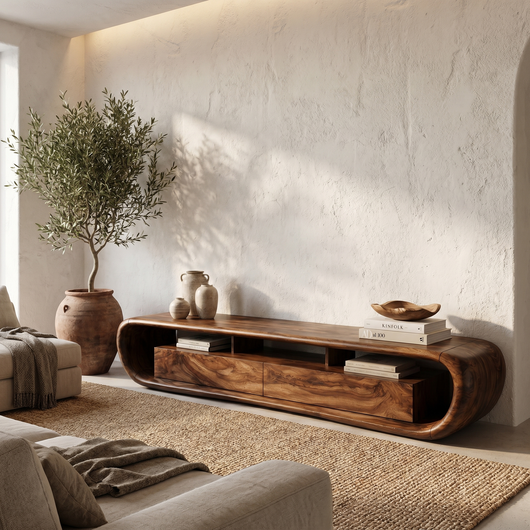 Organic TV Cabinet With Built In Storage And Rounded Curved Edges For Living Room SINLHATC037