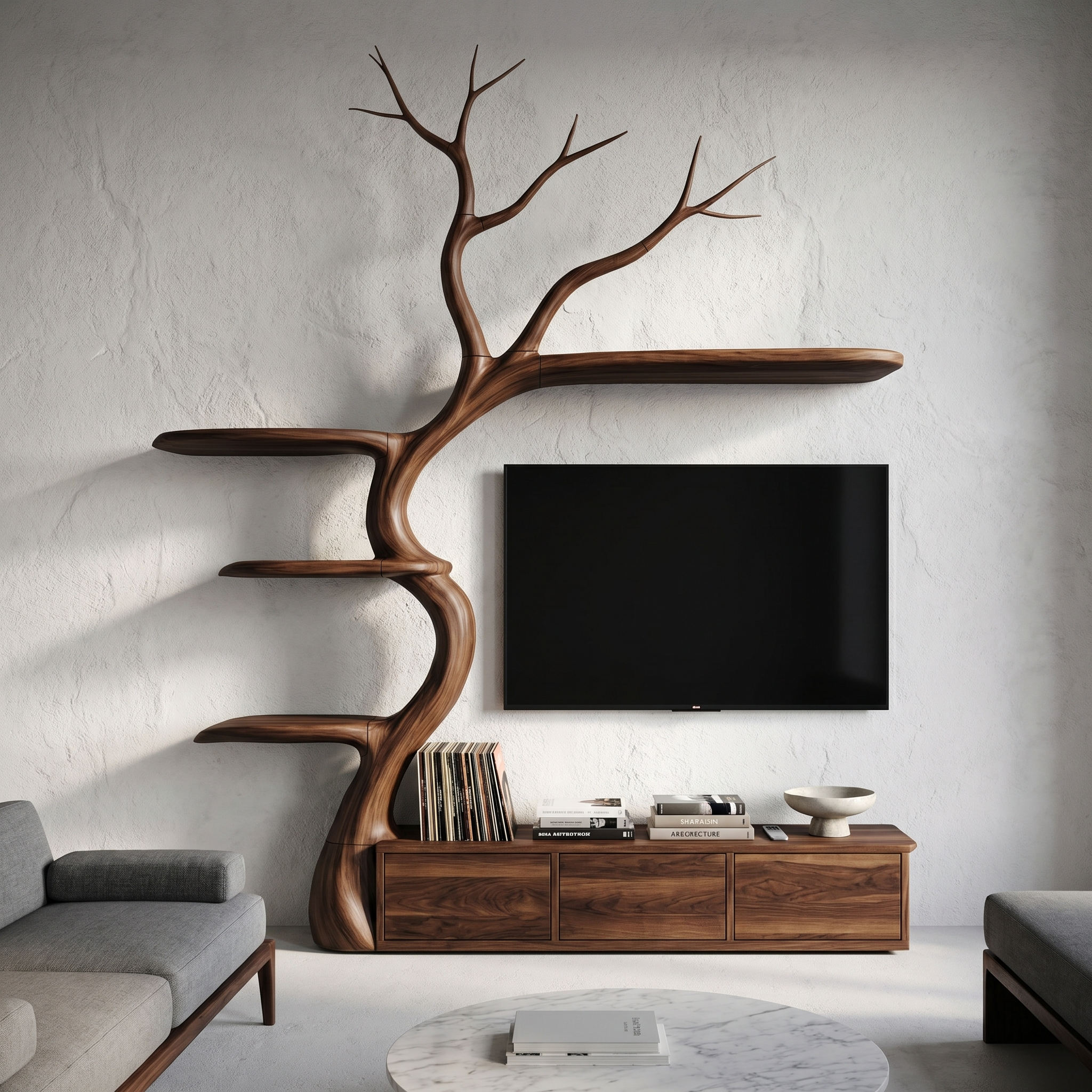 Rustic Tree Branch TV Cabinet With Integrated Display Shelves For Living Room SINLHATC039