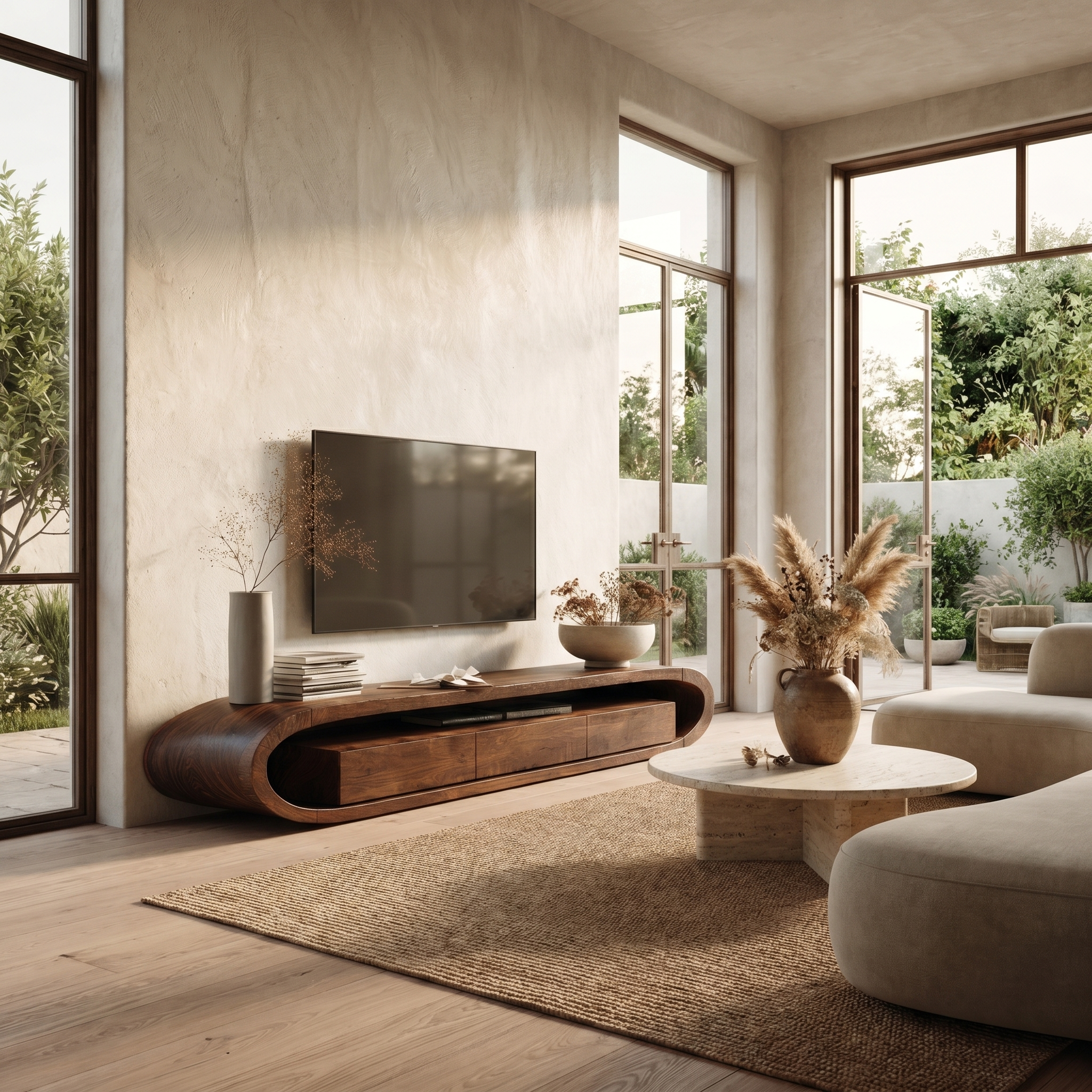 Organic TV Cabinet With Curved Solid Wood Design And Built In Drawer Storage For Living Room SINLHATC047