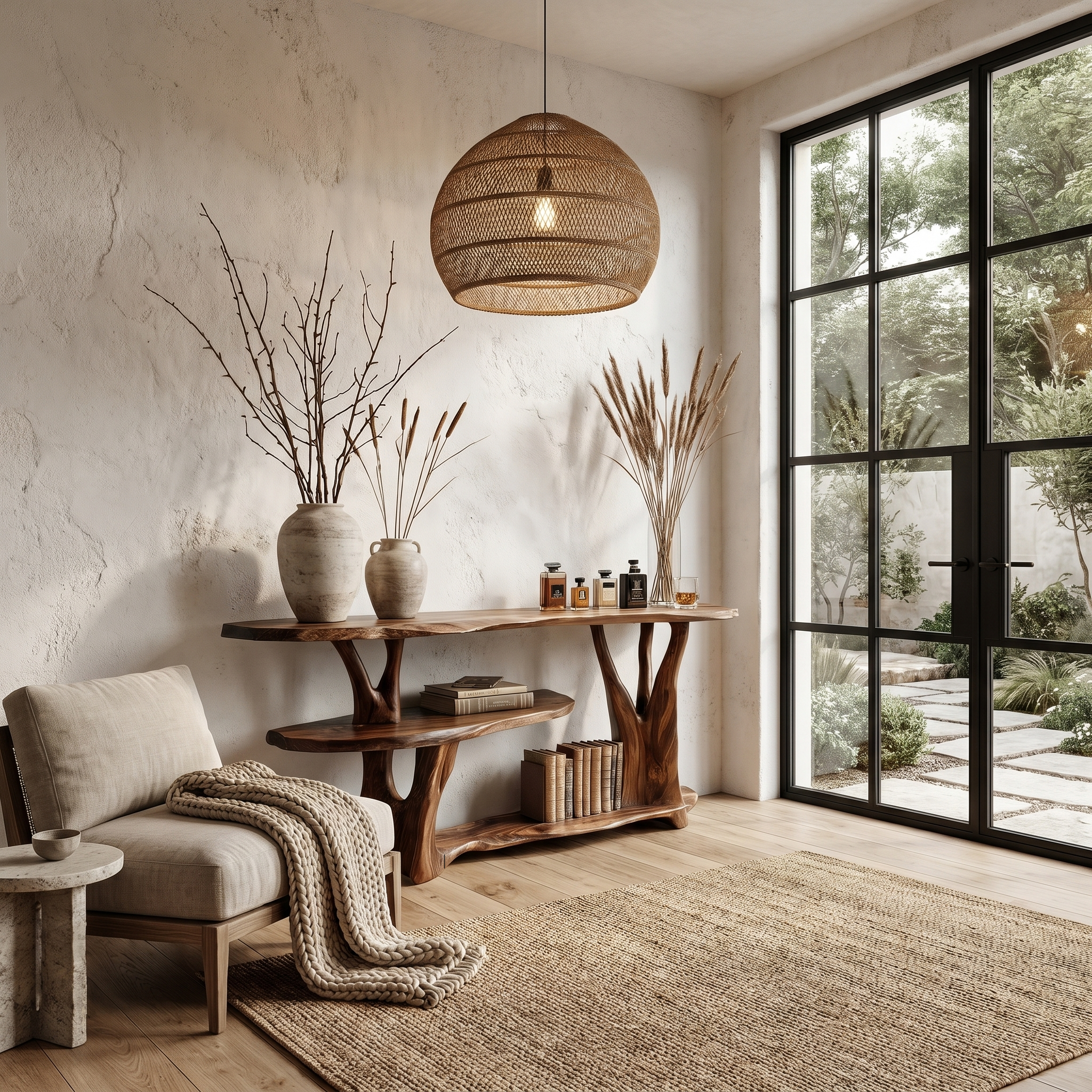 Organic Console Table With Sculptural Tree Root Base And Open Shelf Storage For Entryway And Living Room SINLHACS607