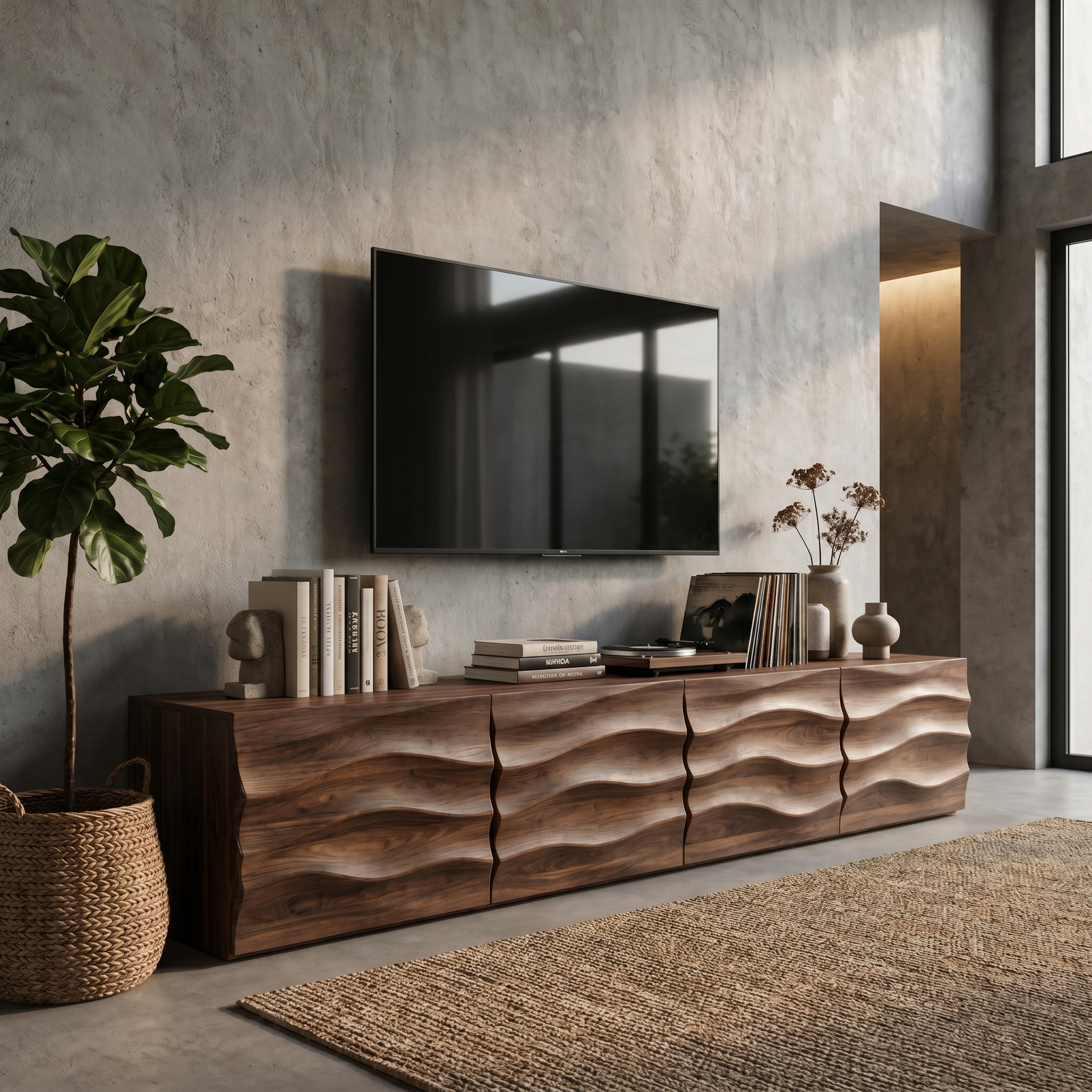 Organic TV Cabinet With Wave Front Doors And Built In Storage For Living Room SINLHATC041