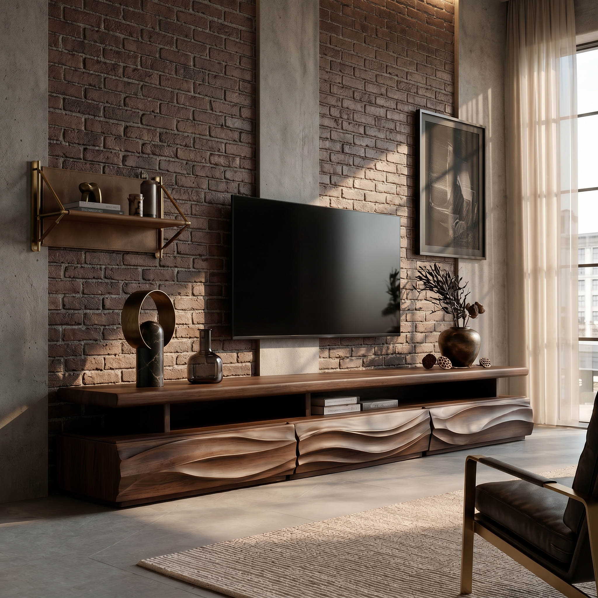 Rustic TV Cabinet With Open Storage Shelf And Wave Front Drawers For Living Room SINLHATC042