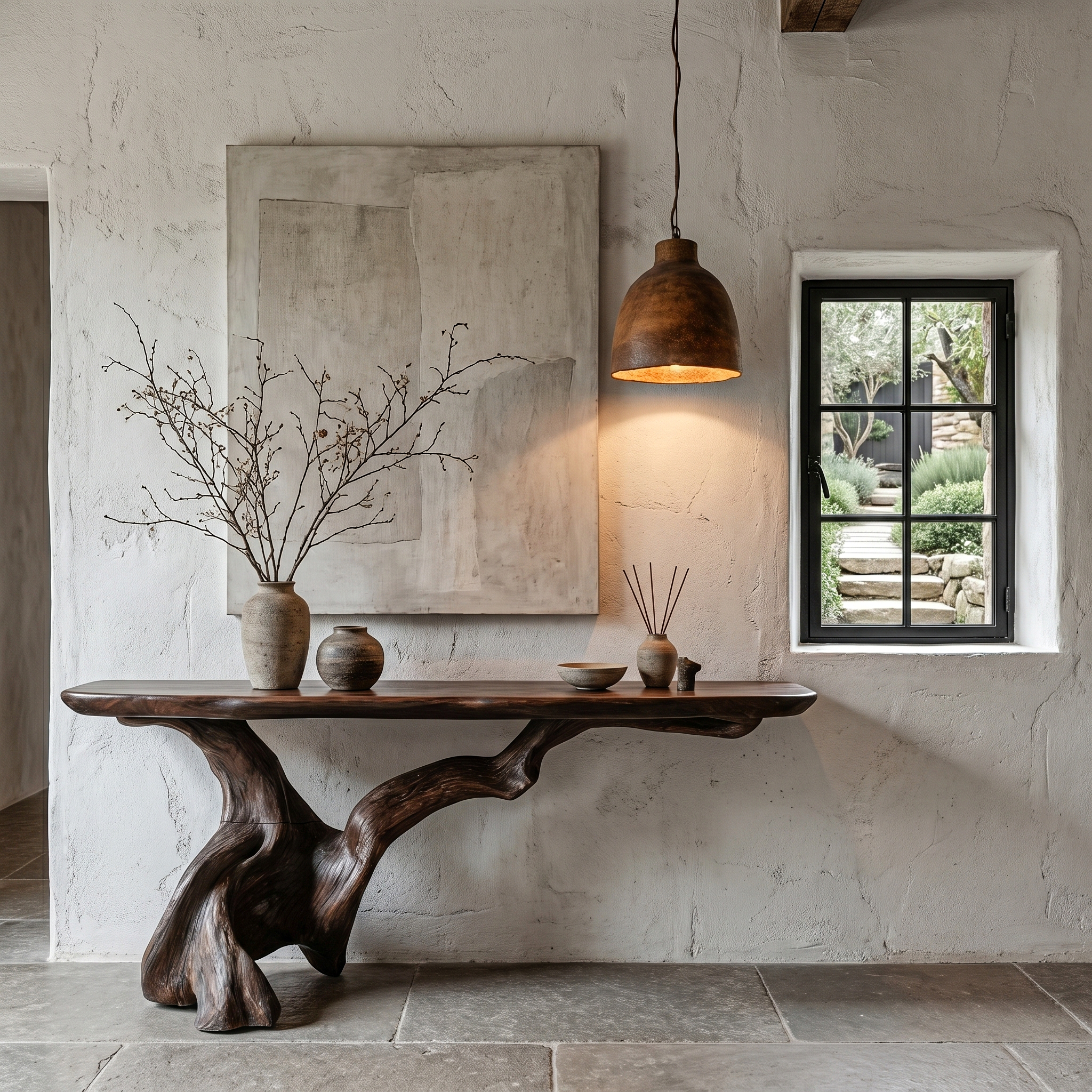 Organic Console Table With Sculptural Open Ring Wood Base For Entryway And Living Room SINLHACS610