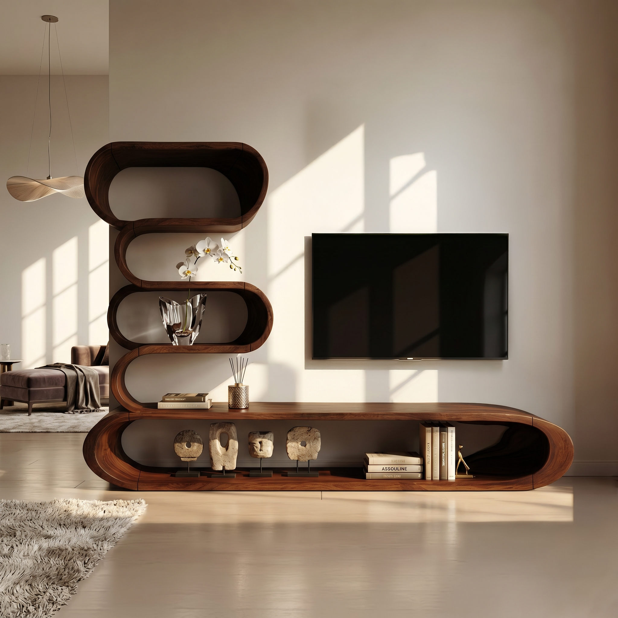Organic TV Cabinet With Integrated Display Shelves And Rounded Storage Design For Living Room SINLHATC044