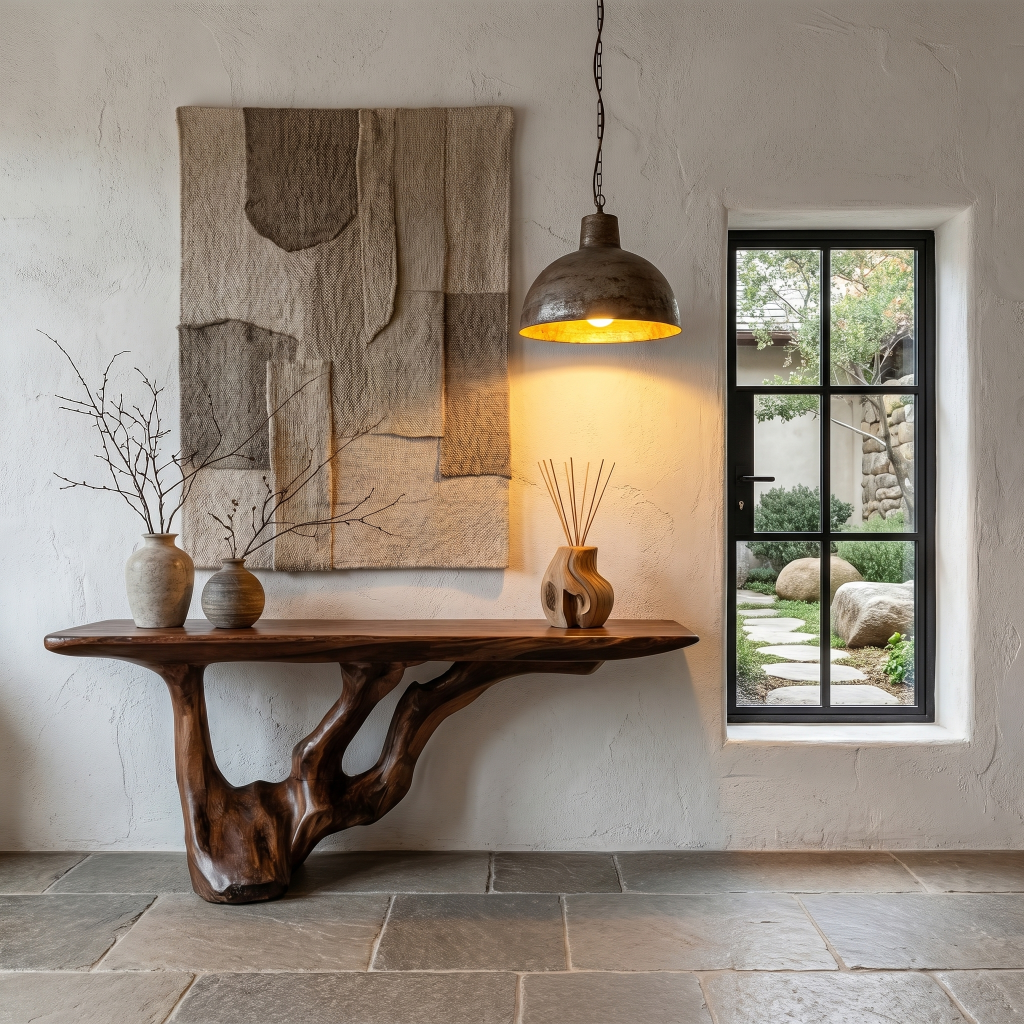 Rustic Console Table With Handcrafted Tree Root Base For Entryway And Living Room SINLHACS611