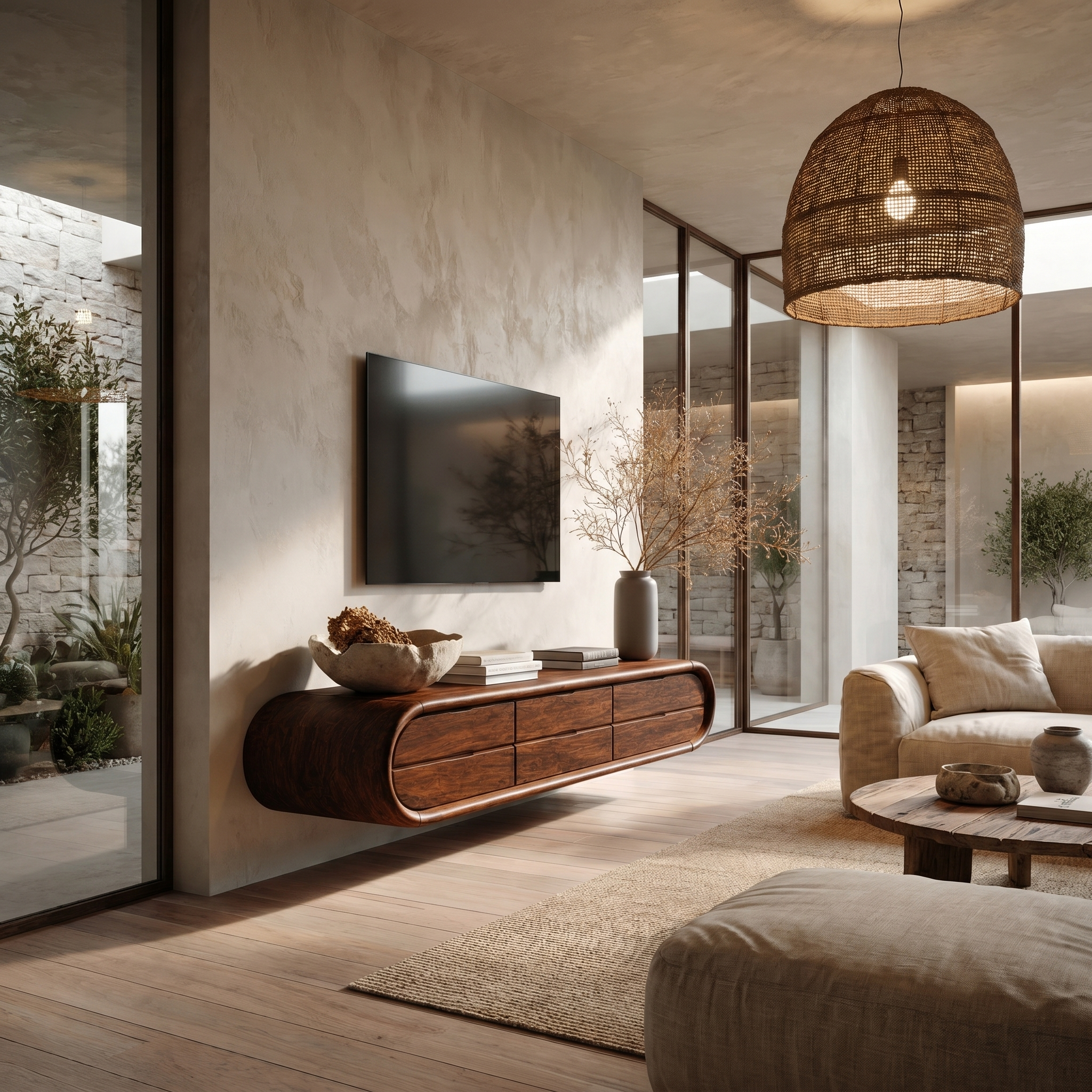 Organic Floating TV Cabinet With Sculptural Curved Wood Frame For Living Room SINLHATC052