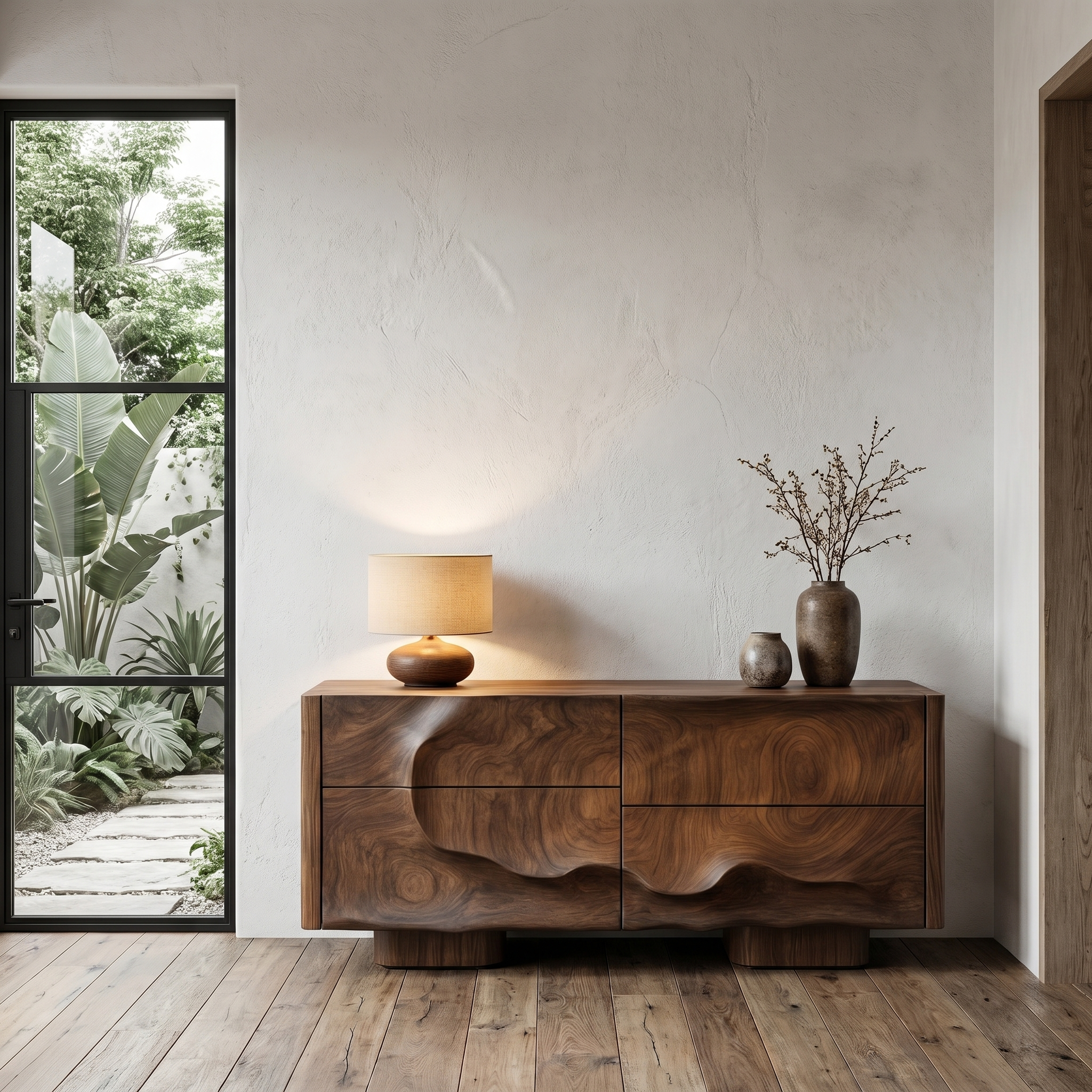 Rustic Organic Storage Cabinet With Carved Wood Doors For Living Room And Entryway SINLHASC514