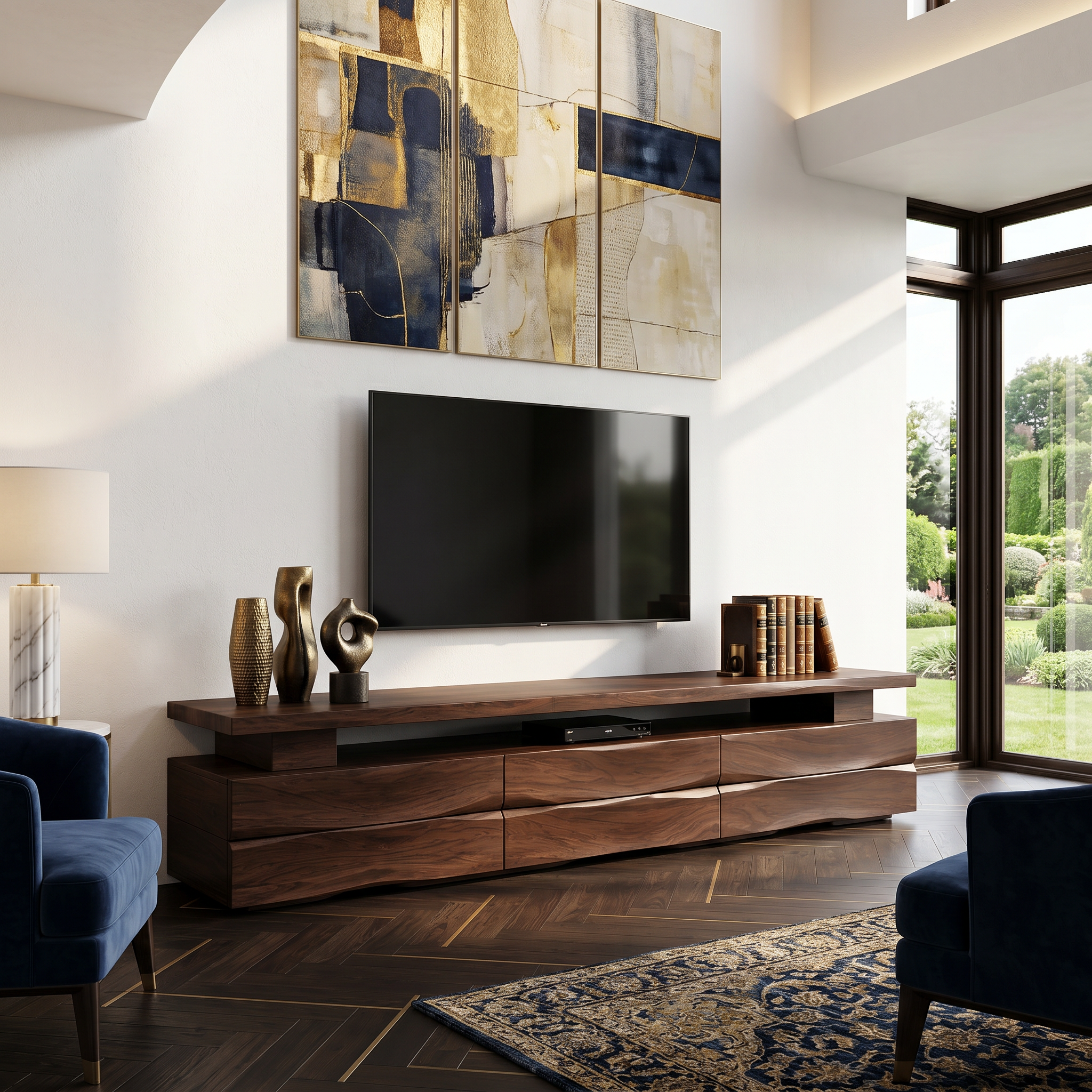 Rustic TV Cabinet With Wave Front Drawers And Open Storage Shelf For Living Room SINLHATC043