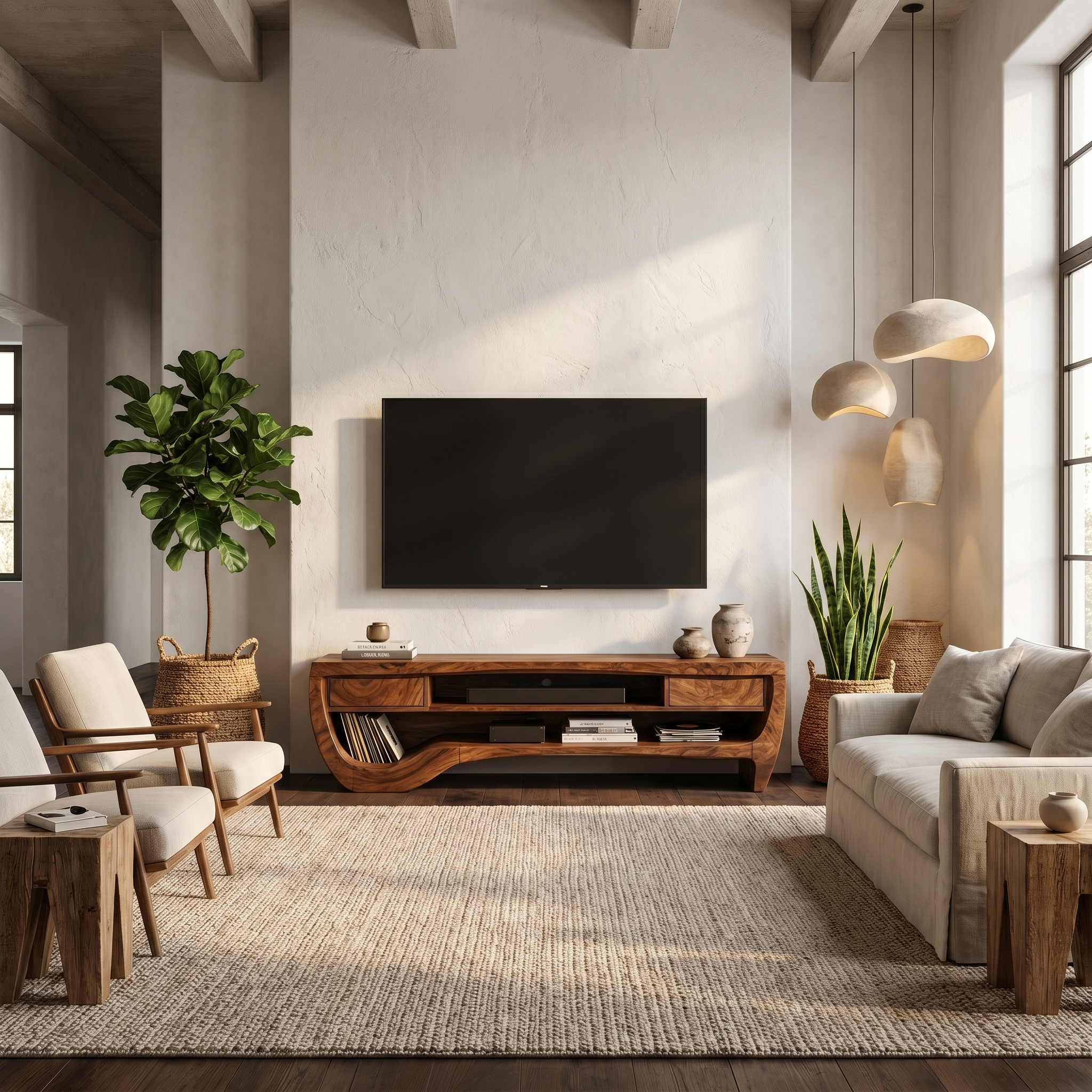 Organic TV Cabinet With Open Storage And Sculptural Curved Wood Design For Living Room SINLHATC045