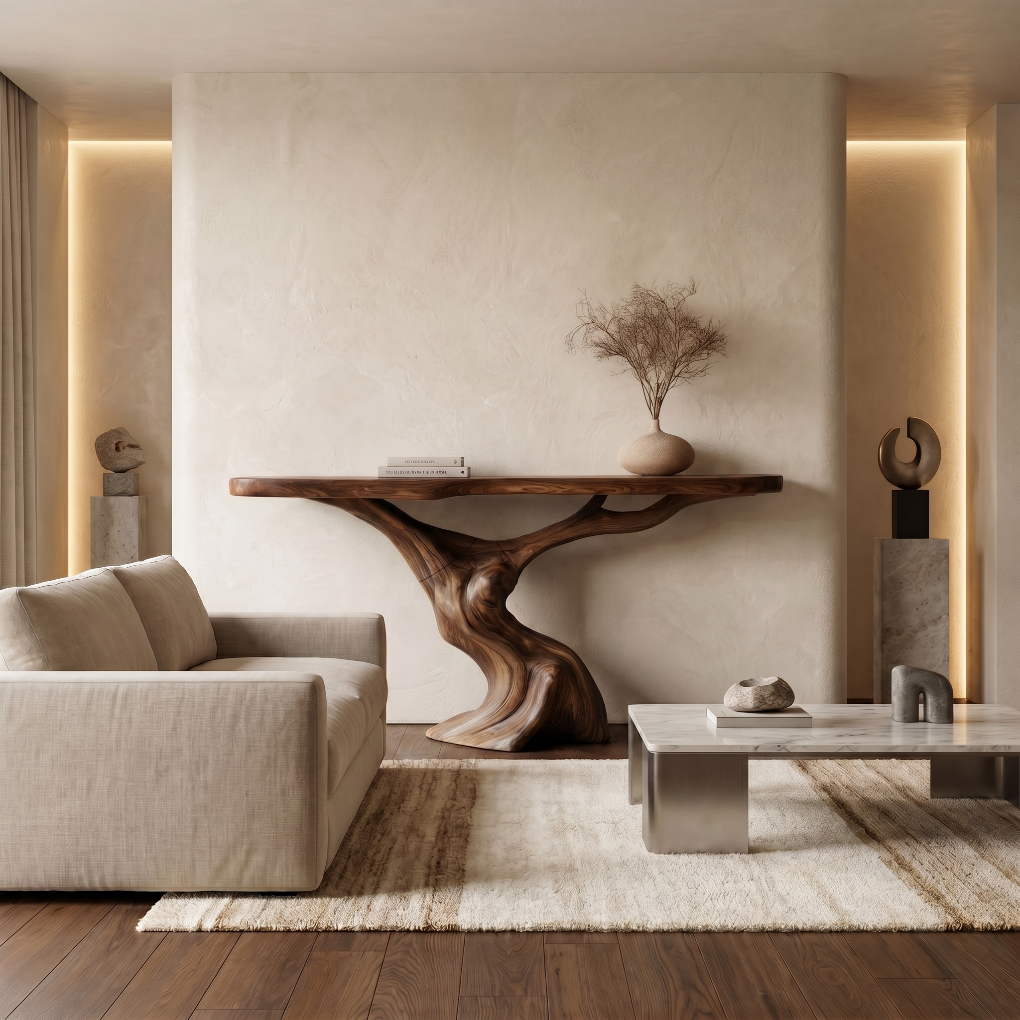 Rustic Organic Console Table With Unique Sculptural Tree Inspired Wood Base For Entryway And Living Room SINLHACS587