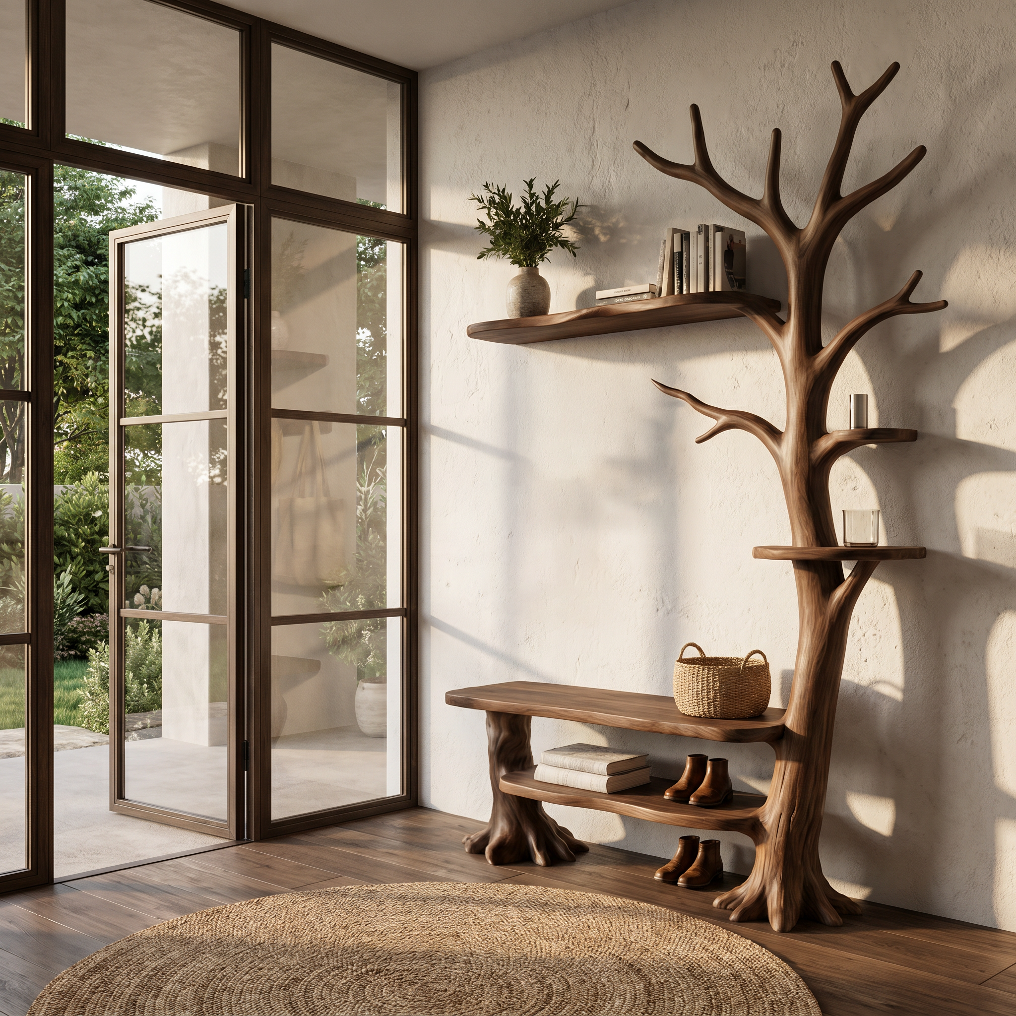 Rustic Tree Coat Rack With Integrated Bench And Floating Display Shelves For Entryway SINLHATCR118