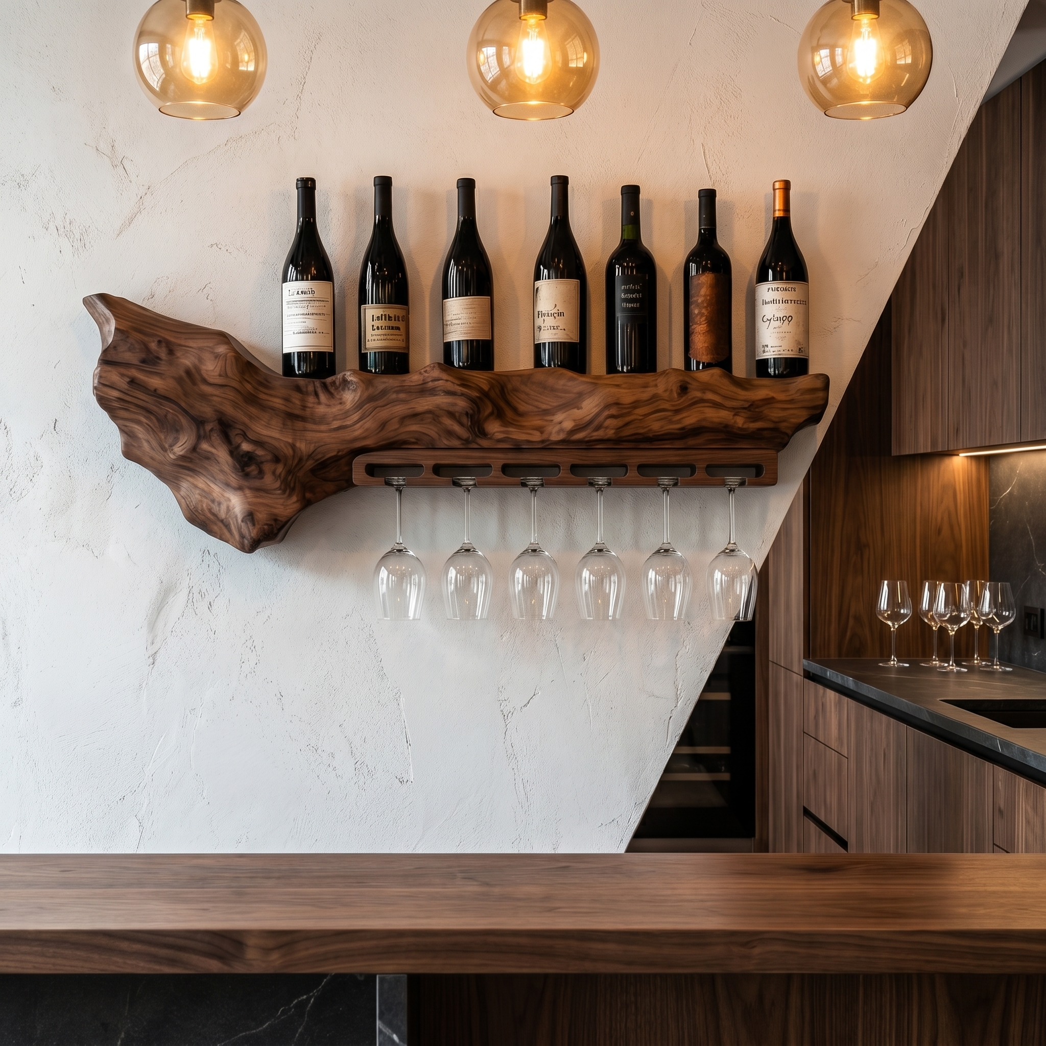 Rustic Live Edge Wall Mounted Wine Rack With Glass Holder And Bottle Storage For Kitchen And Dining Room SINLHAWR030