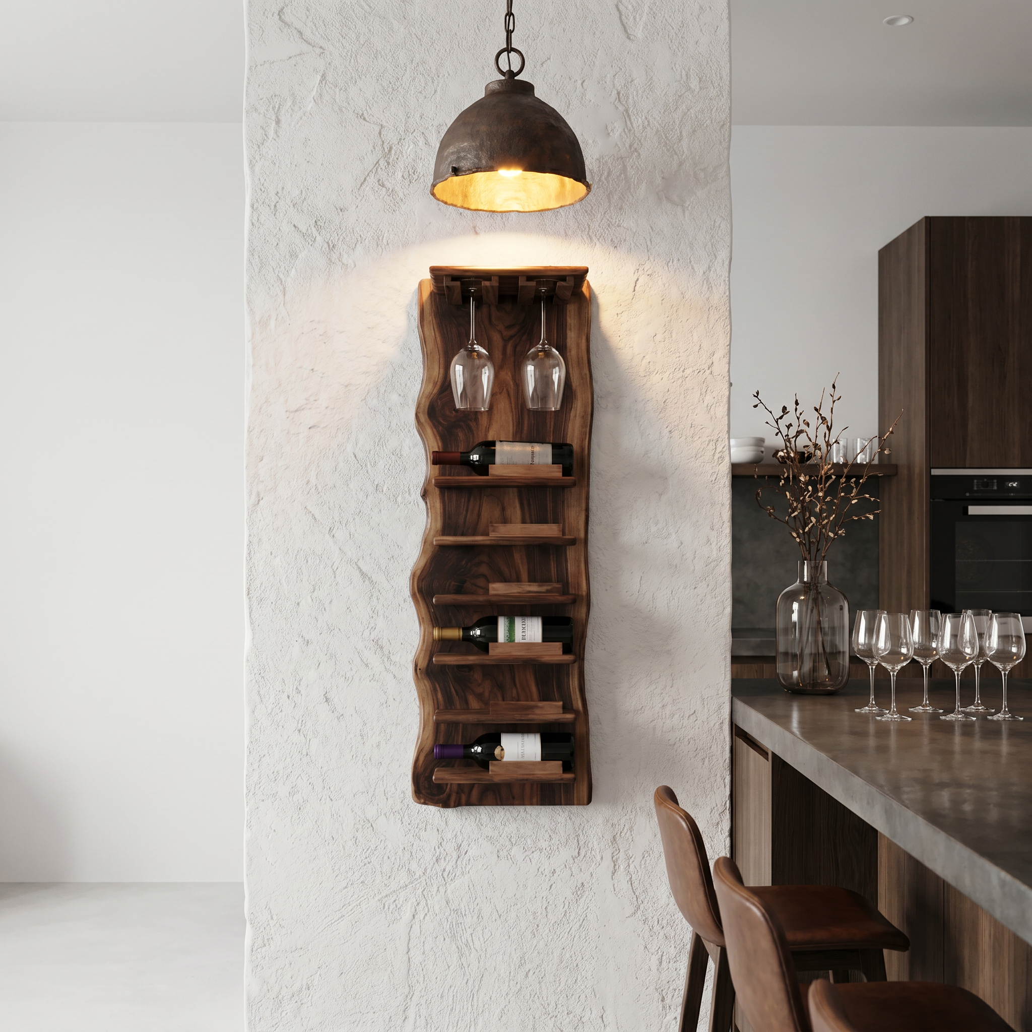 Live Edge Wall Mounted Wine Rack With Glass Holder And Vertical Bottle Storage For Kitchen And Dining Room SINLHAWR032