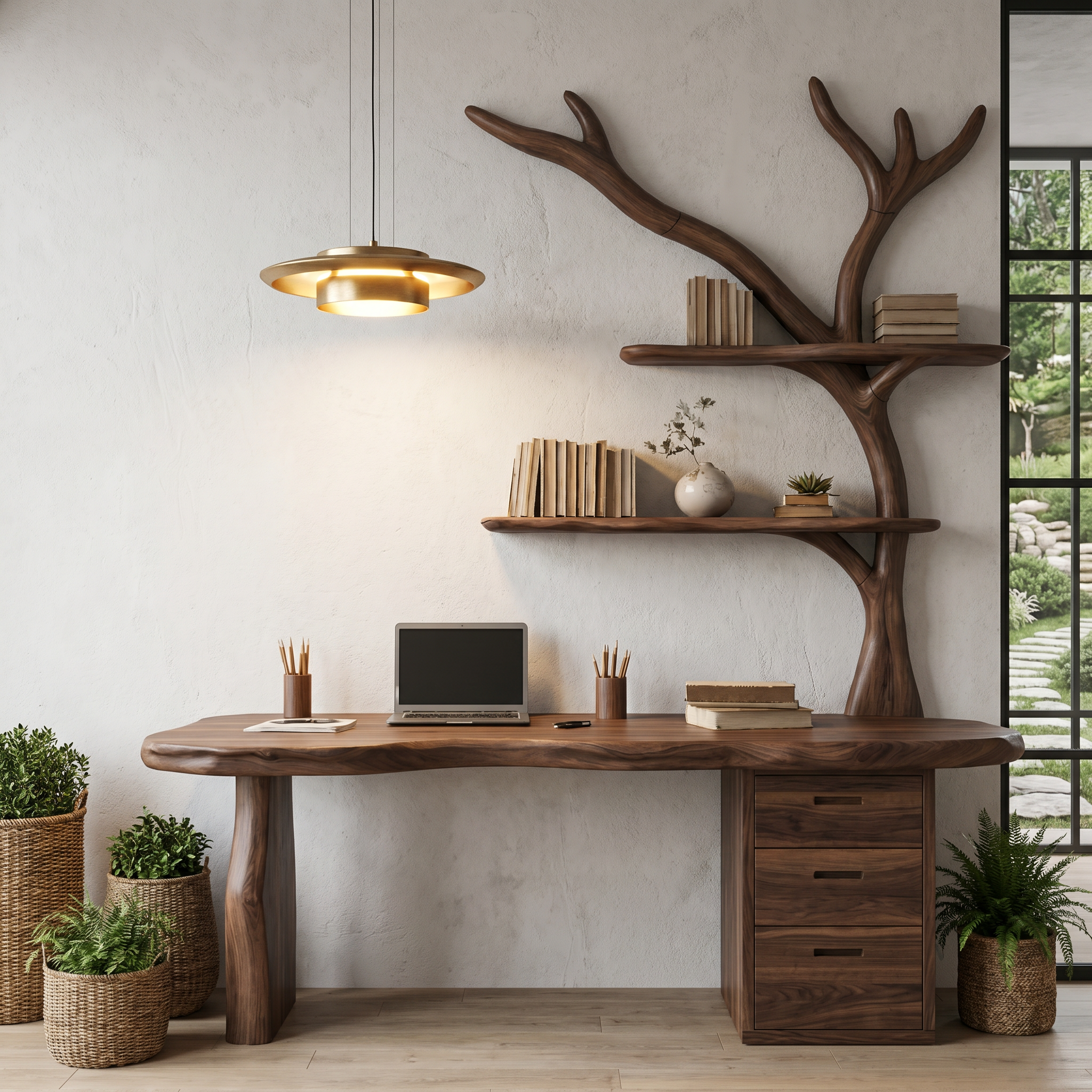 Organic Wooden Desk With Tree Branch Bookshelf And Built In Drawer Storage For Home Office And Workspace SINLHADK115