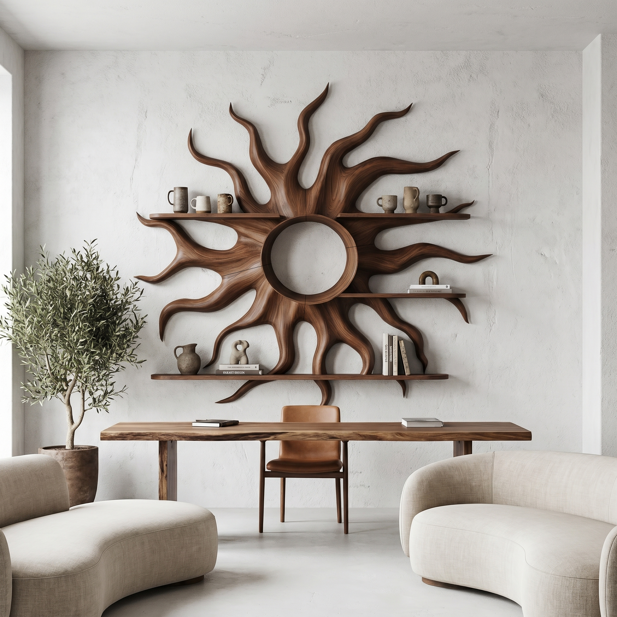 Sculptural Sun Wall Shelf With Floating Shelf For Home Decor SINLHAFL547