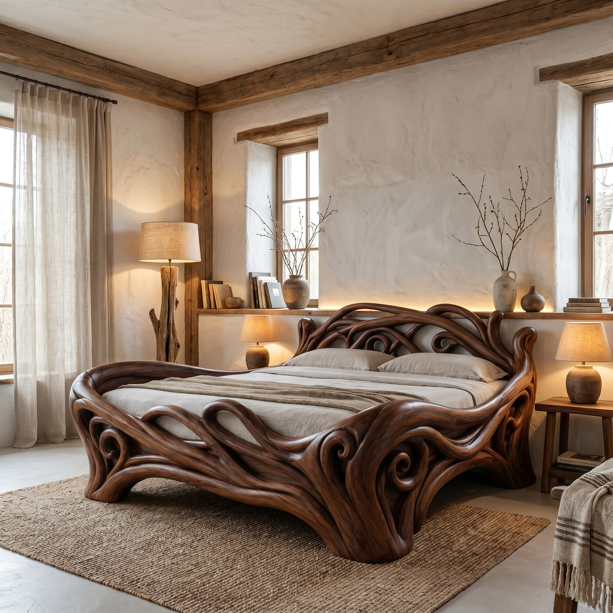 Organic Sculptural Bed Frame With Flowing Root Inspired Wood Design For Bedroom SINLHAWB121