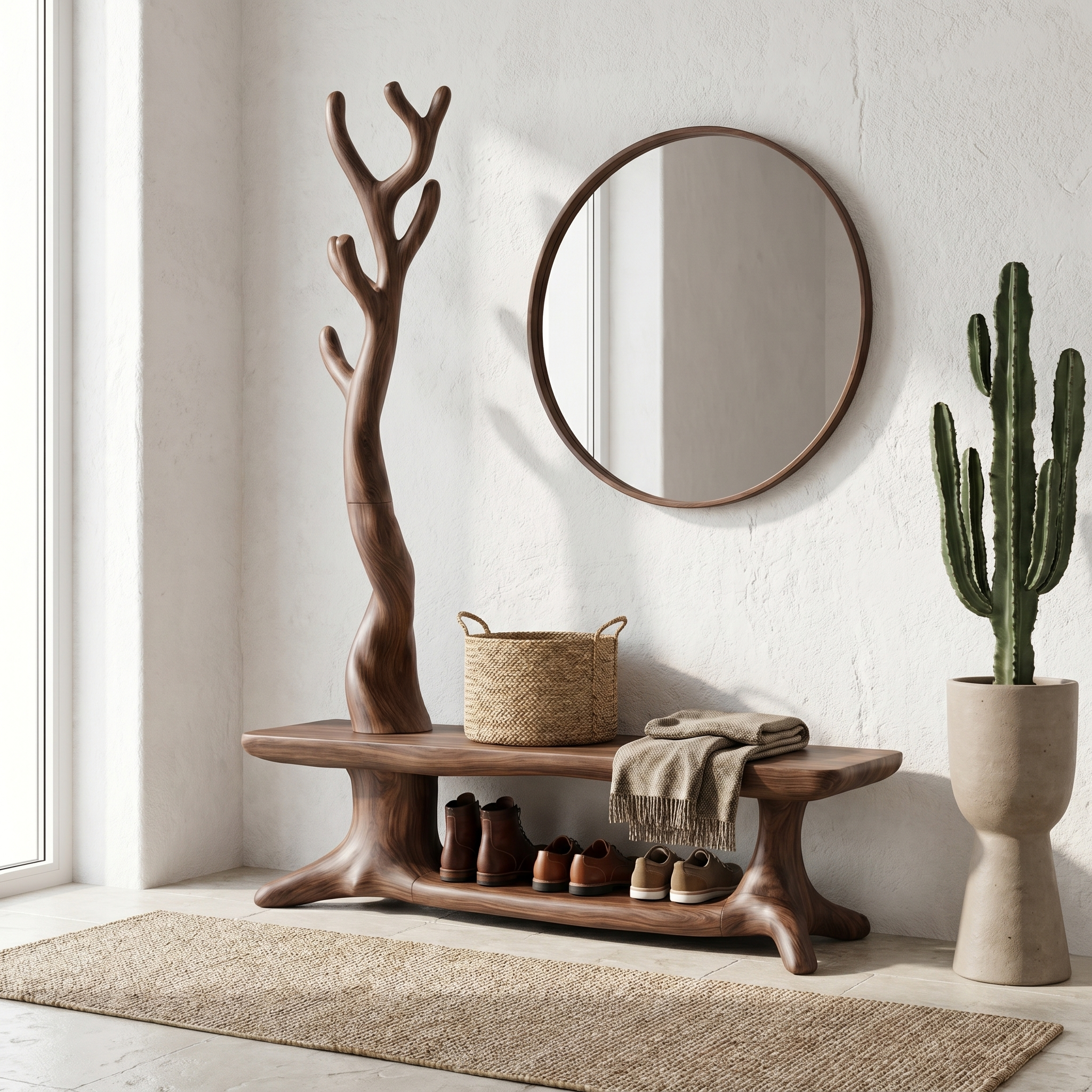 Rustic Shoe Storage Bench With Branch Coat Rack For Entryway SINLHASB091