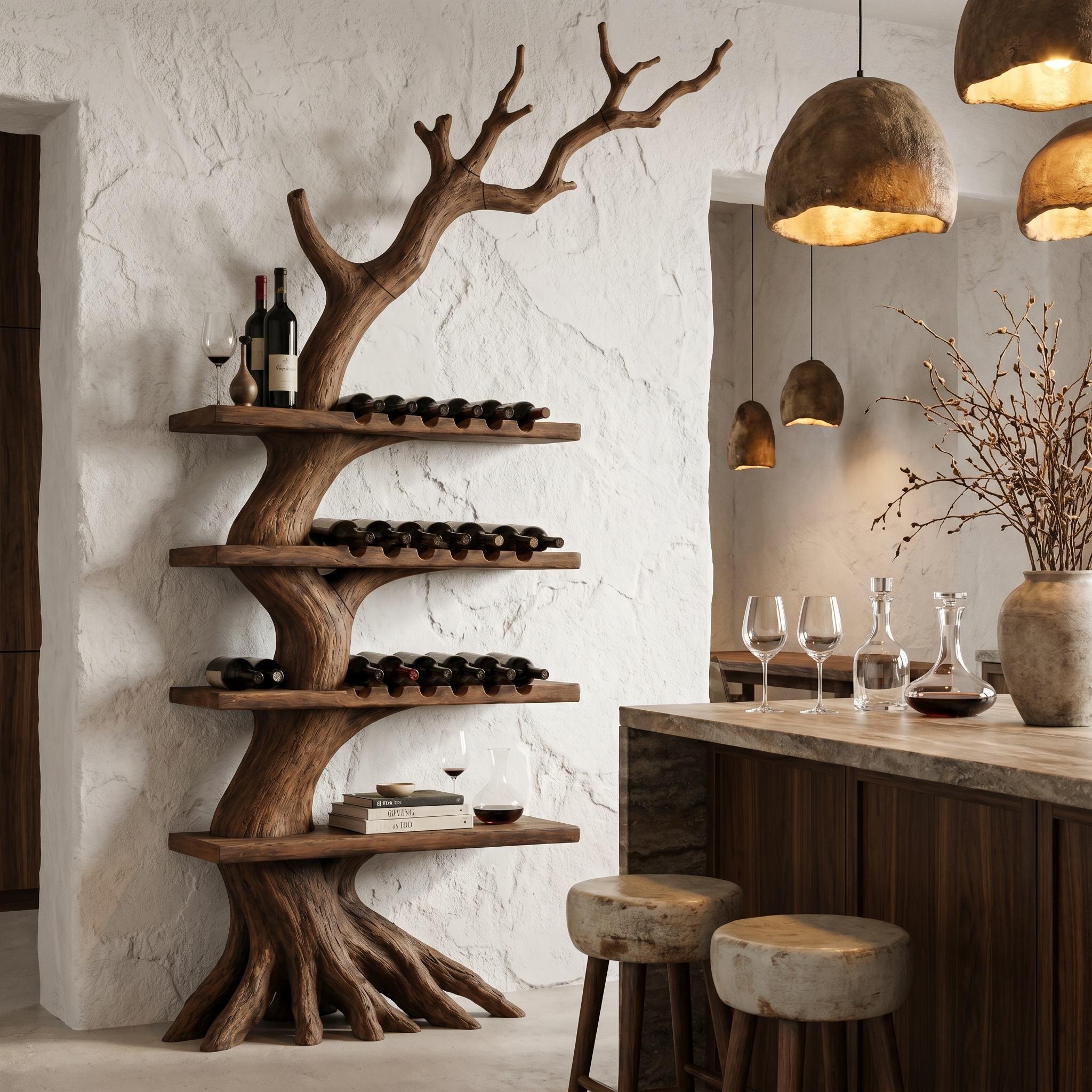 Rustic Tree Wine Rack With Solid Wood Shelves And Branch Inspired Wall Mounted Design For Dining Room SINLHAWR034