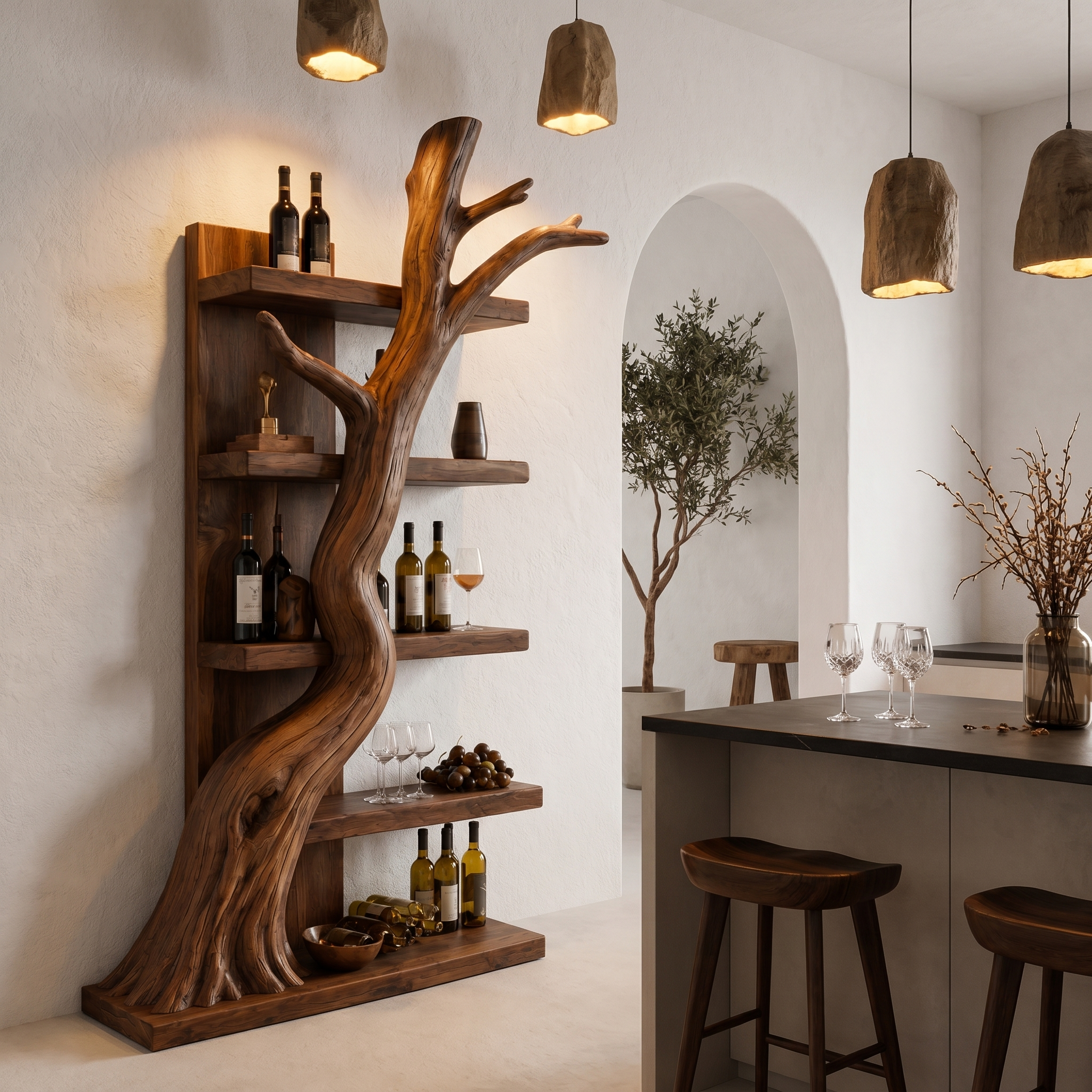 Rustic Tree Wine Rack With Solid Wood Shelves And Sculptural Root Base For Home Bar SINLHAWR035