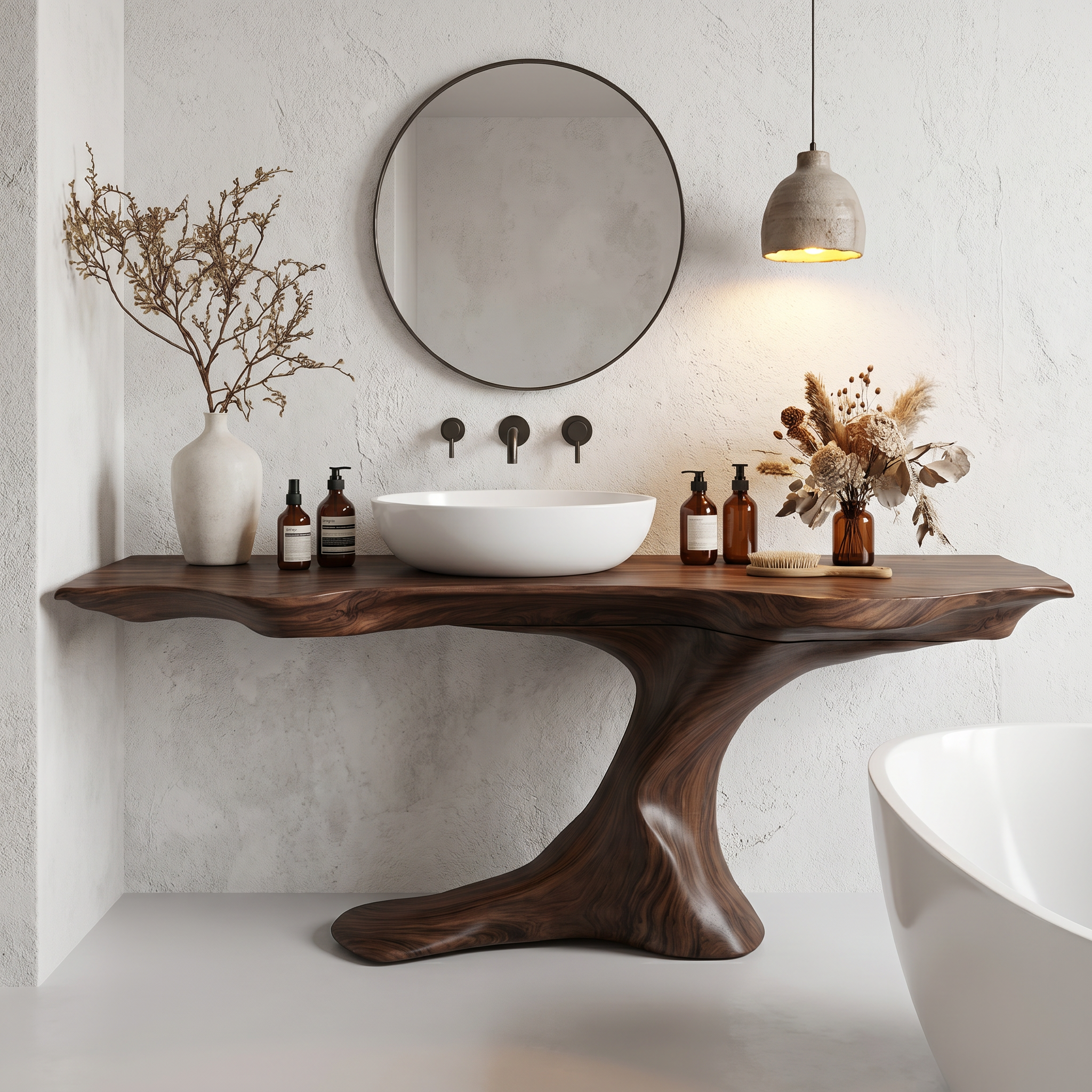 Rustic Organic Bathroom Vanity With Live Edge Countertop And Sculptural Tree Root Base SINLHABRV311