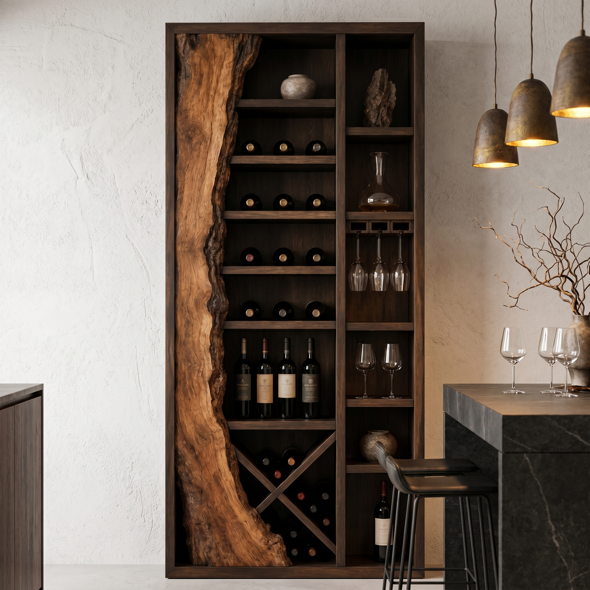 Rustic Wine Cabinet With Live Edge Wood Inlay And Built In Bottle Storage For Dining Room SINLHAWR033