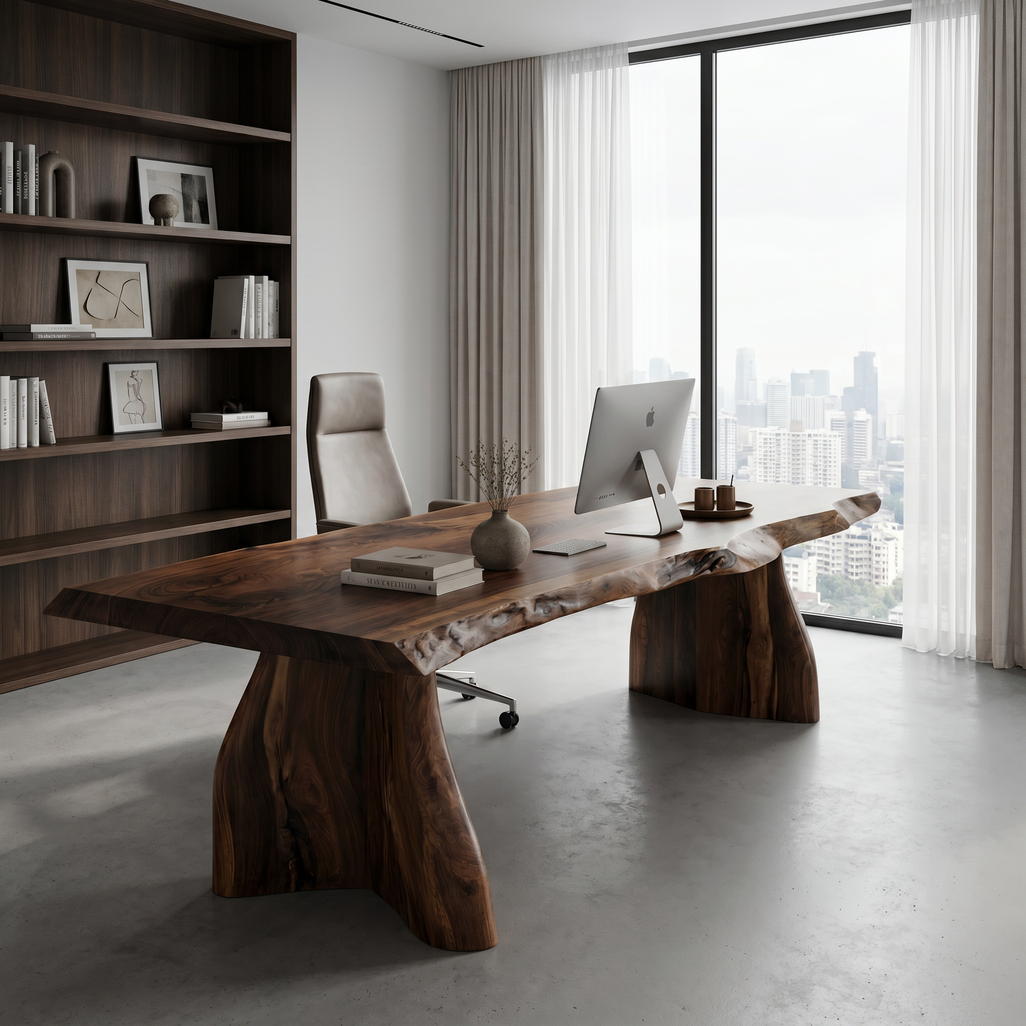 Rustic Live Edge Executive Desk With Sculptural Solid Wood Base For Home Office SINLHADK118