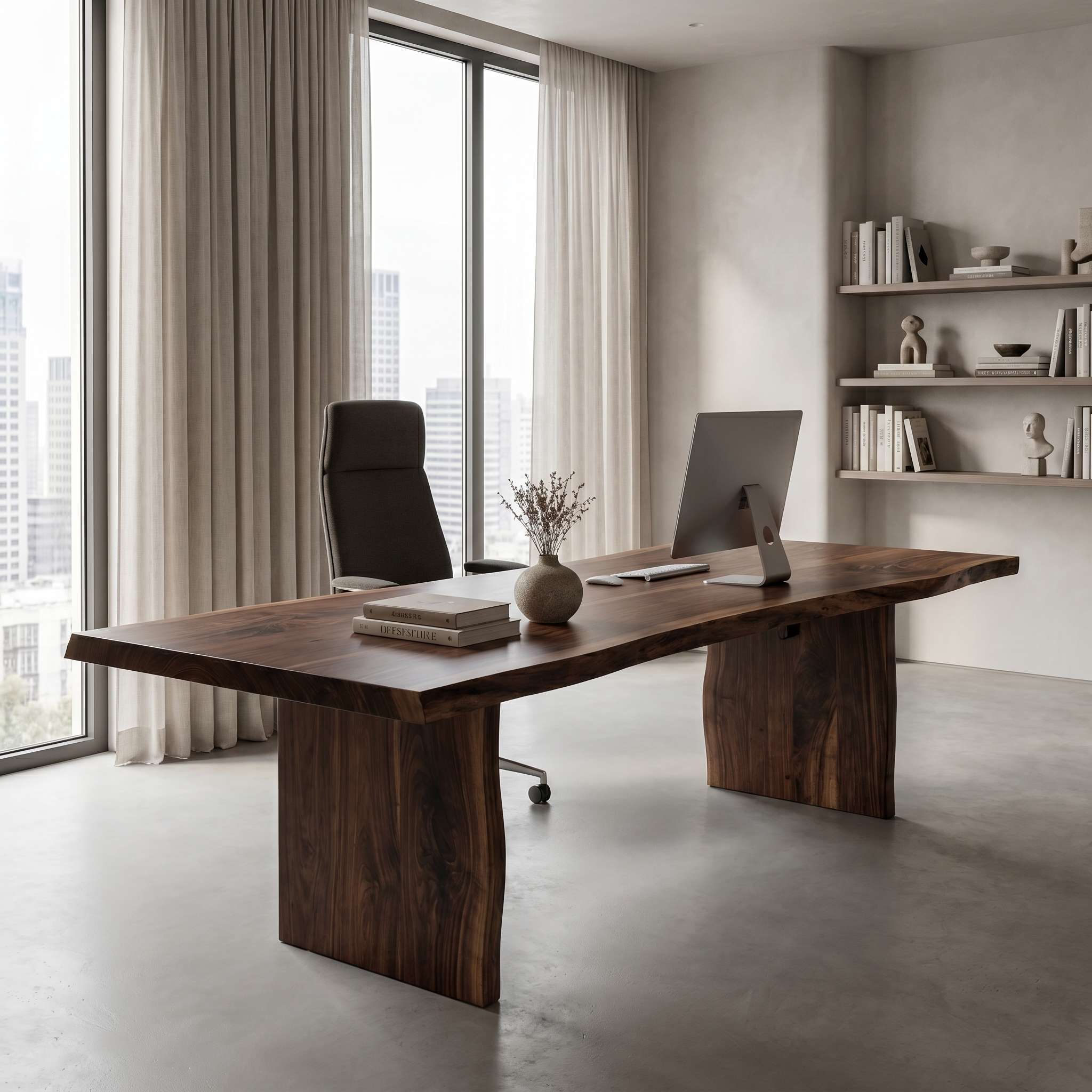 Rustic Live Edge Wooden Desk With Solid Wood Pedestal Base For Home Office SINLHADK119