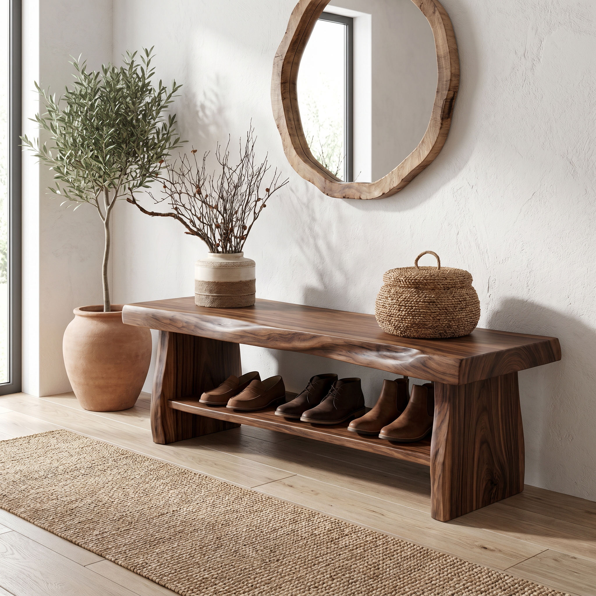 Rustic Shoe Bench Natural Wood Storage For Entryway SINLHASB096