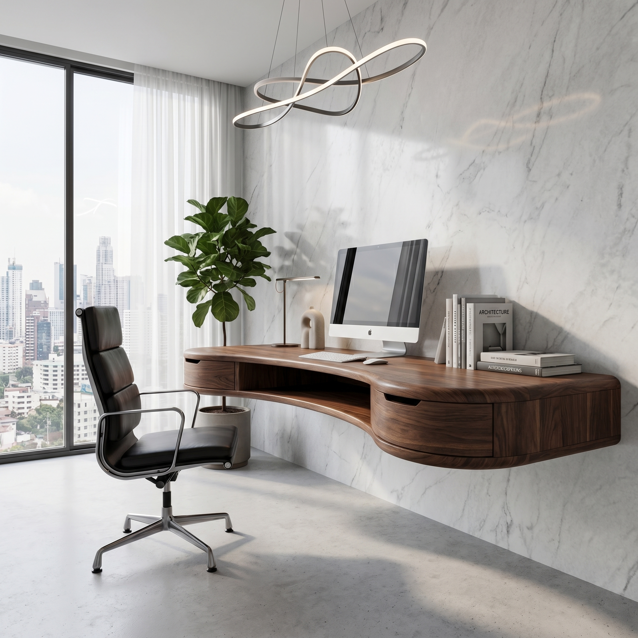 Modern Floating Desk With Built In Drawer Storage And Curved Wood Design For Home Office And Workspace SINLHADK121