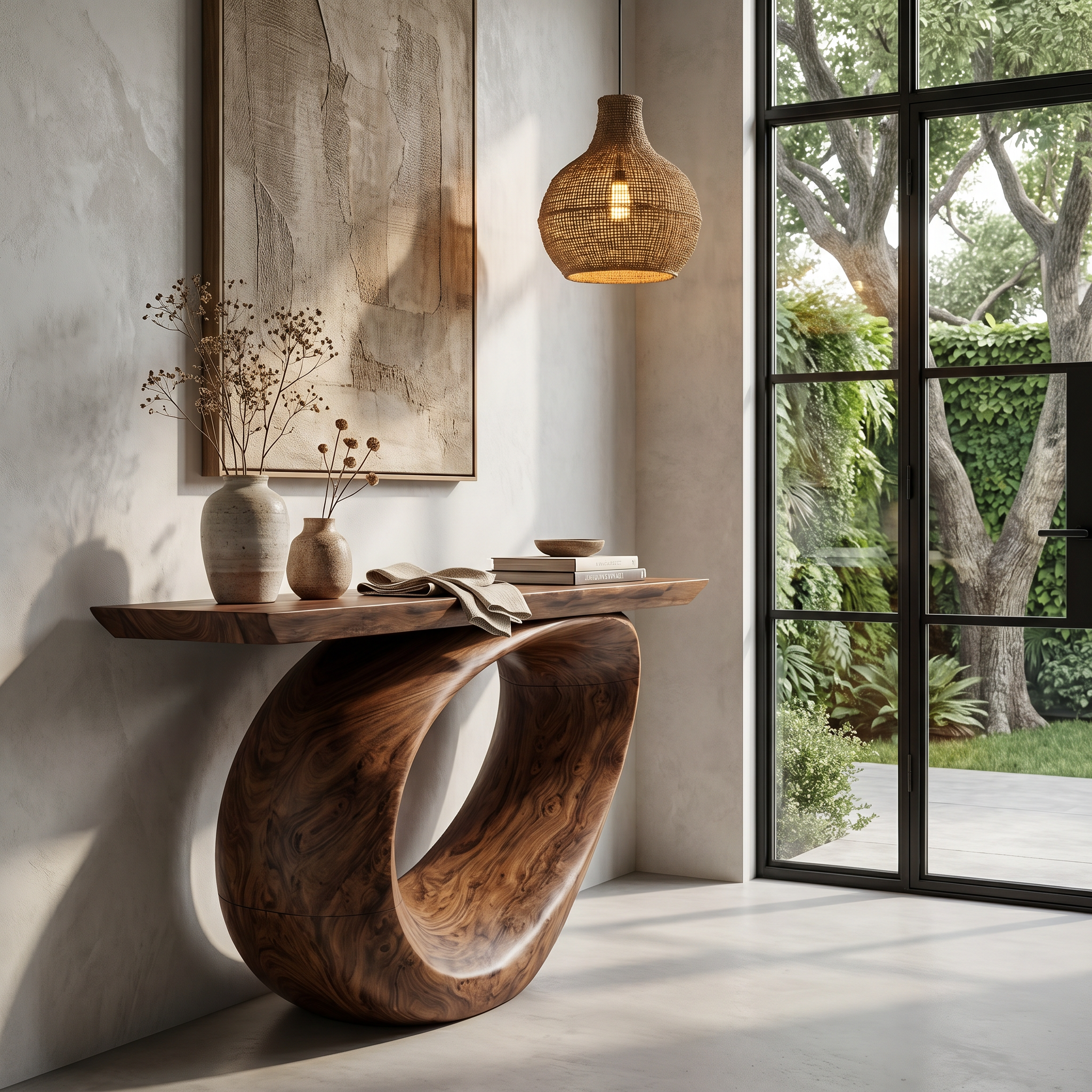 Sculptural Console Table With Curved Loop Wooden Base For Entryway SINLHACS576